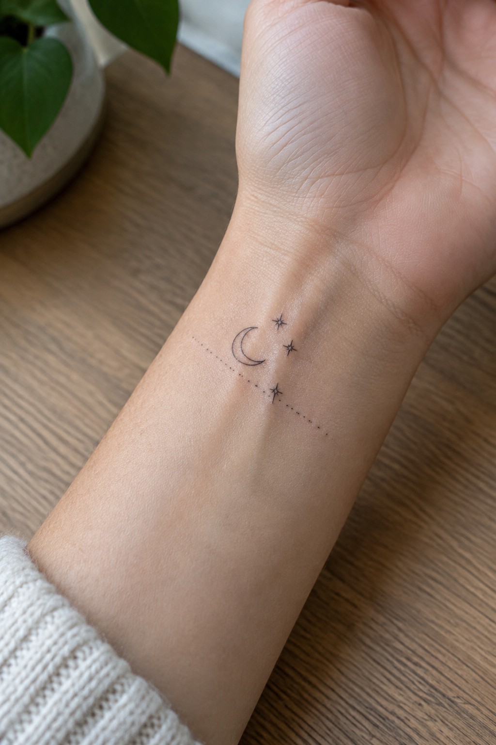 Small black crescent moon and three star tattoo with a dotted line on the inner wrist.