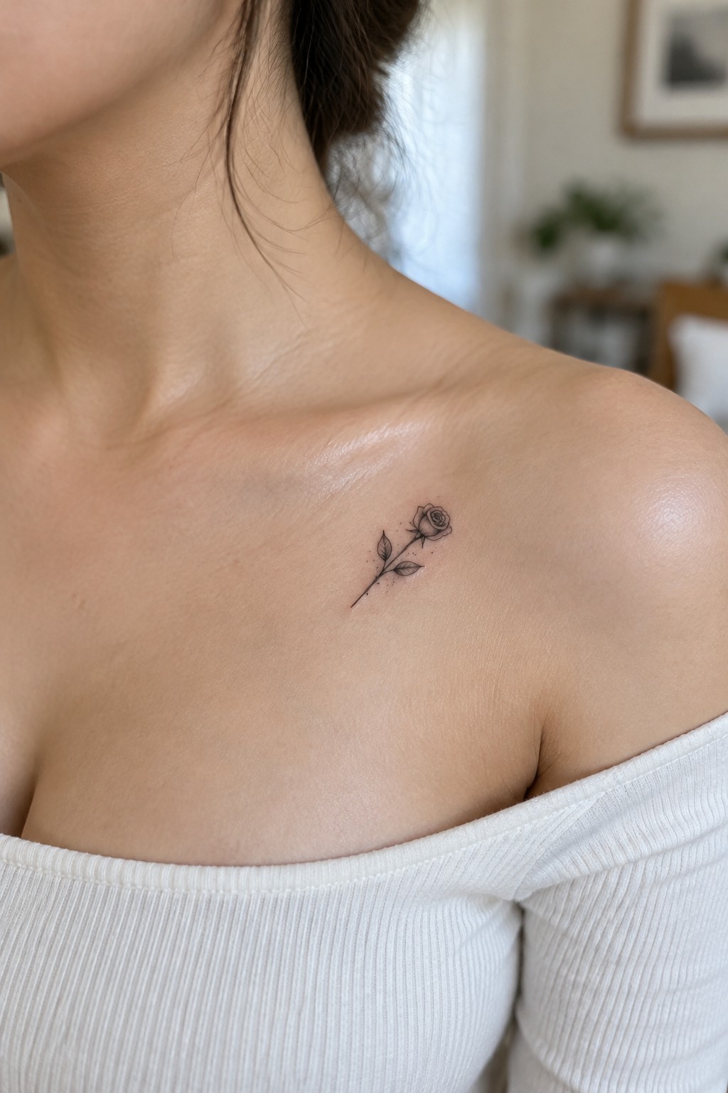 Small fine-line rose tattoo with a slender stem and leaves on a woman’s collarbone.