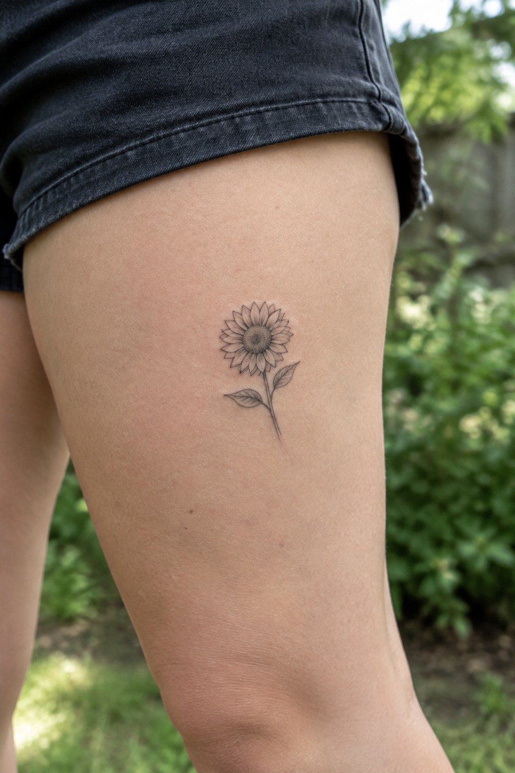 Small fine-line sunflower tattoo with two leaves on the outer thigh.