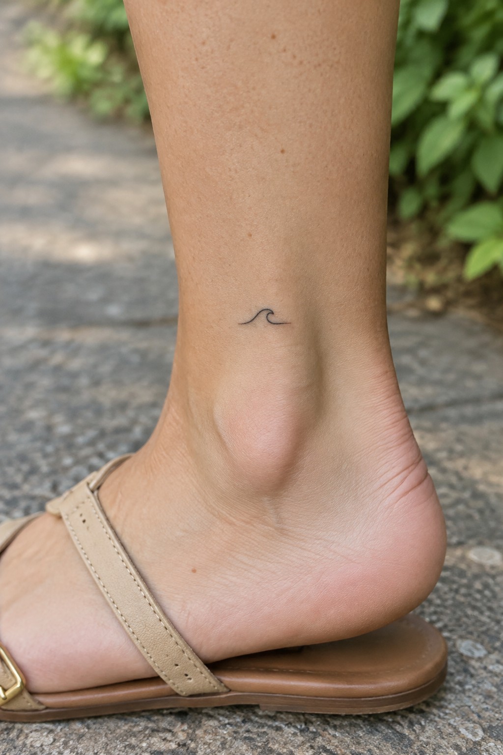 Small black wave tattoo on the outer ankle above a beige sandal.