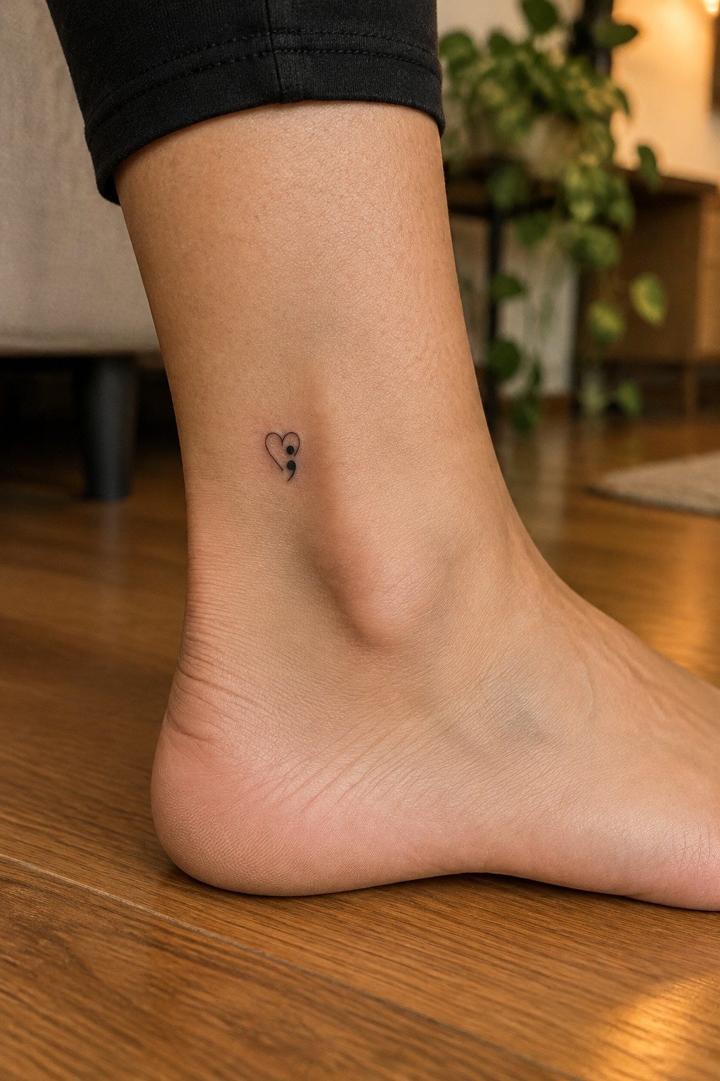 Small black heart and semicolon tattoo on the inner ankle above the heel.