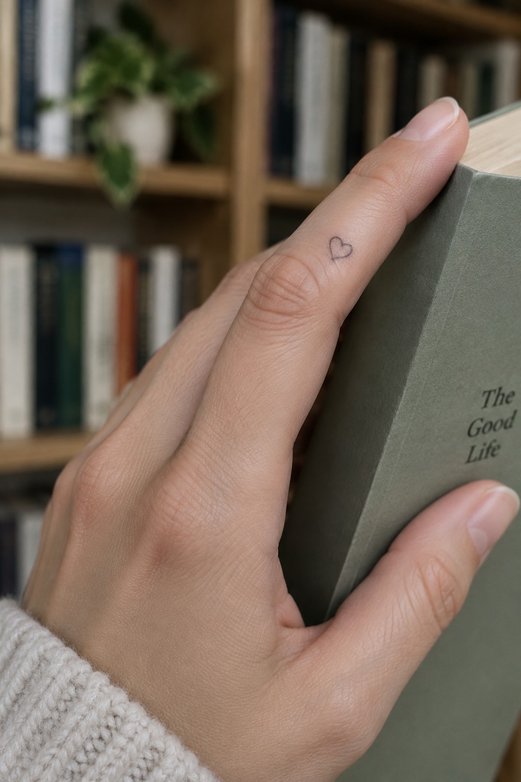 Small fine-line heart tattoo on the side of a finger while holding a green book.