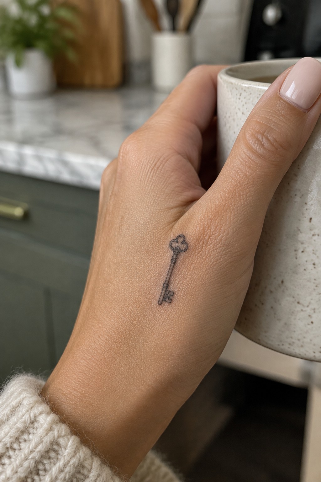 Small fine-line key tattoo on the back of a hand holding a speckled ceramic mug.