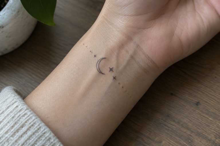 22 Elegant Small Meaningful Tattoos for Women Perfect for a First Tattoo Small black crescent moon and three star tattoo with a dotted line on the inner wrist.