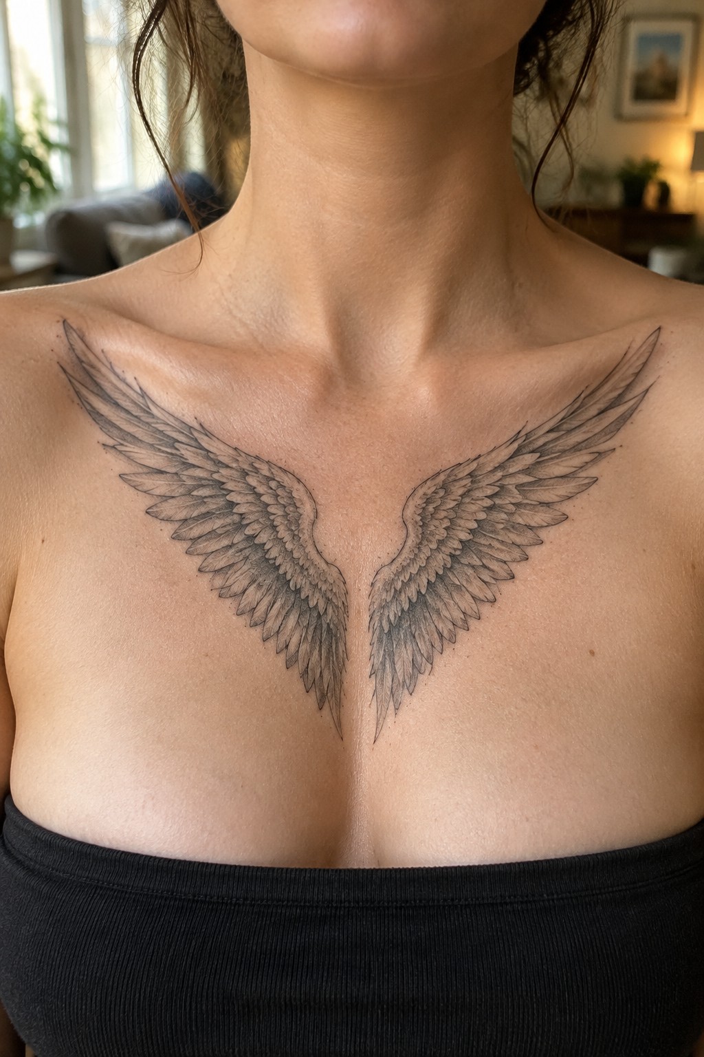 Symmetrical black and grey angel wings tattoo across upper chest above black top