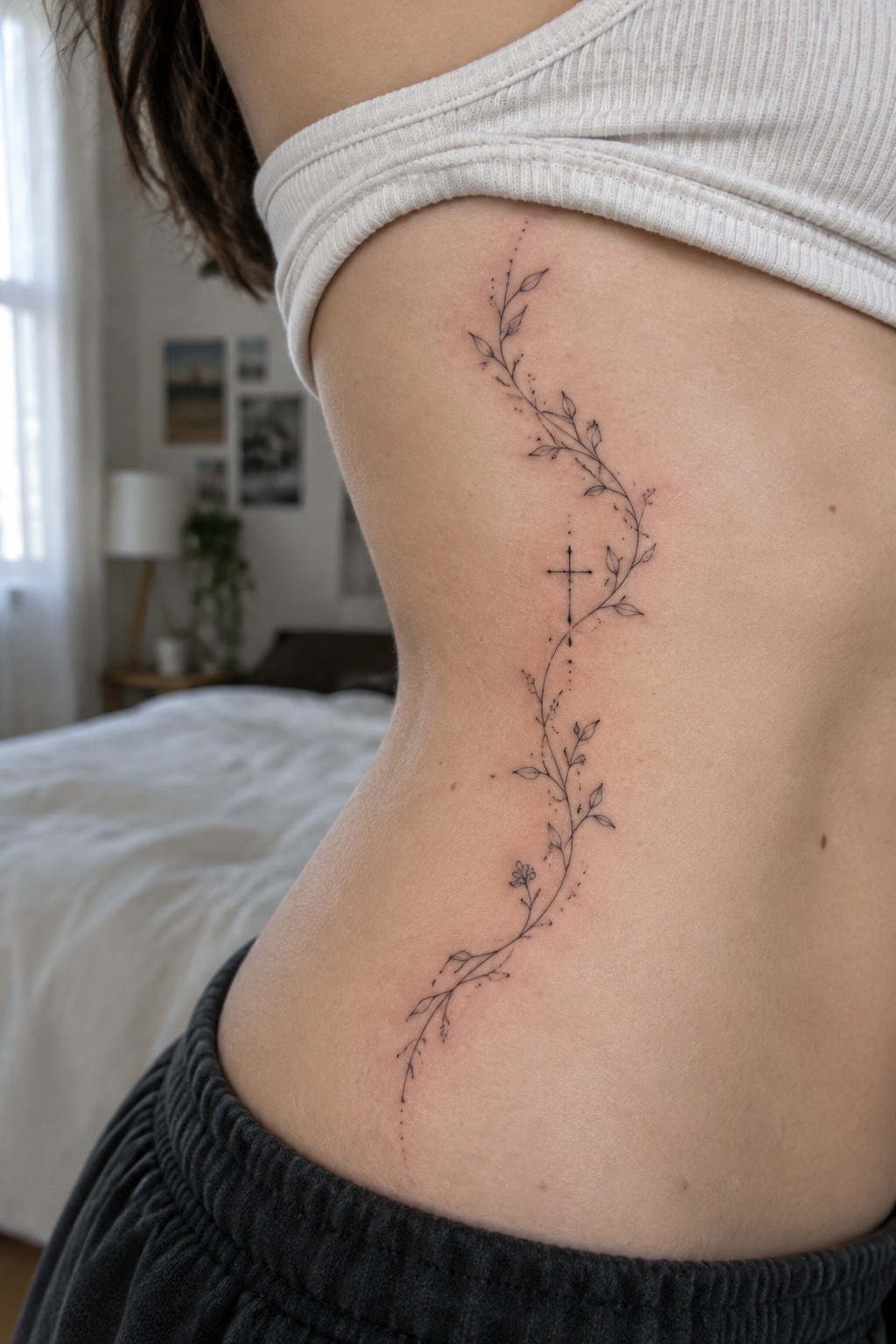 Fine line cross and vine tattoo curving down the side of a woman's torso in black ink