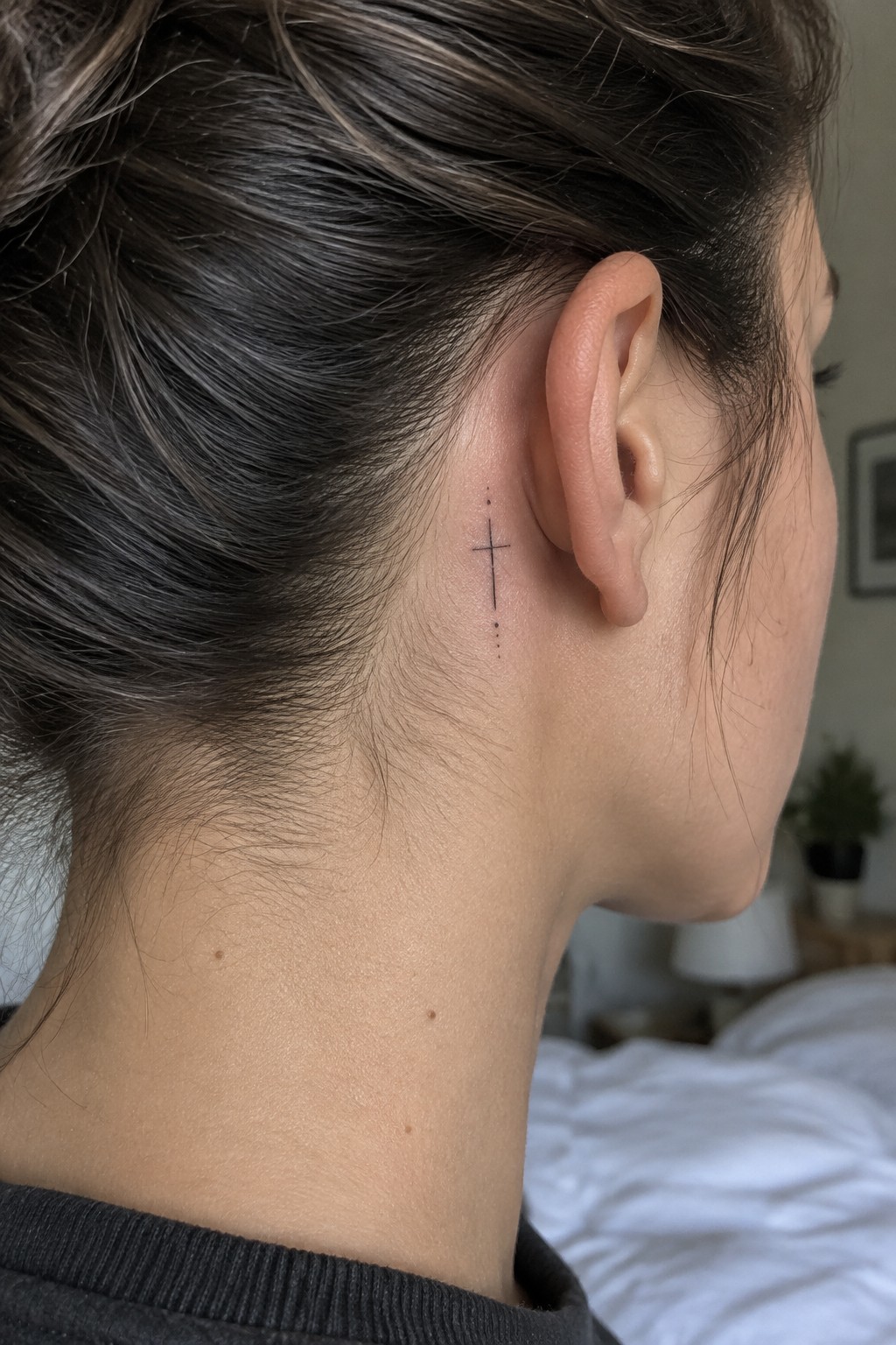 Small fine line cross tattoo with dotted line behind a woman's ear on the neck, dark hair in a bun.