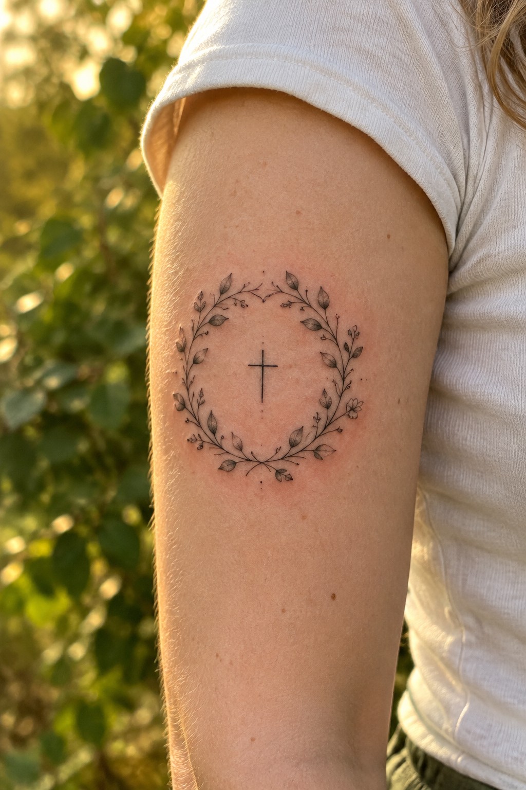 Floral wreath tattoo with central cross on upper arm beneath white t-shirt sleeve.