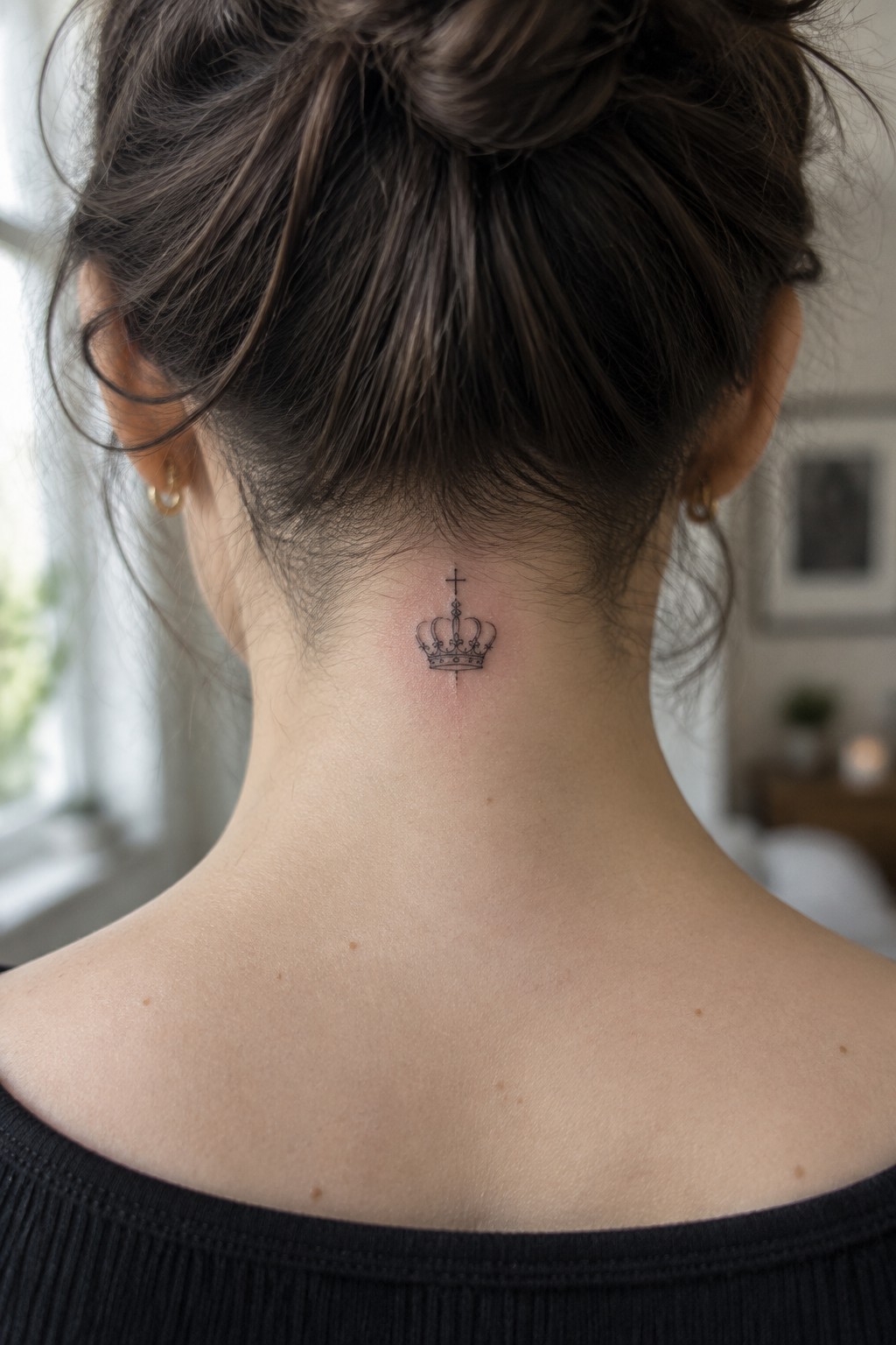 Woman's neck with small black crown and cross tattoo, dark hair in bun, black top