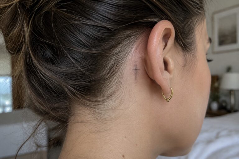 22 Feminine Biblical Tattoos for Women With Delicate Fine-Line Details Small fine line cross tattoo with dotted line behind a woman's ear on the neck, dark hair in a bun.