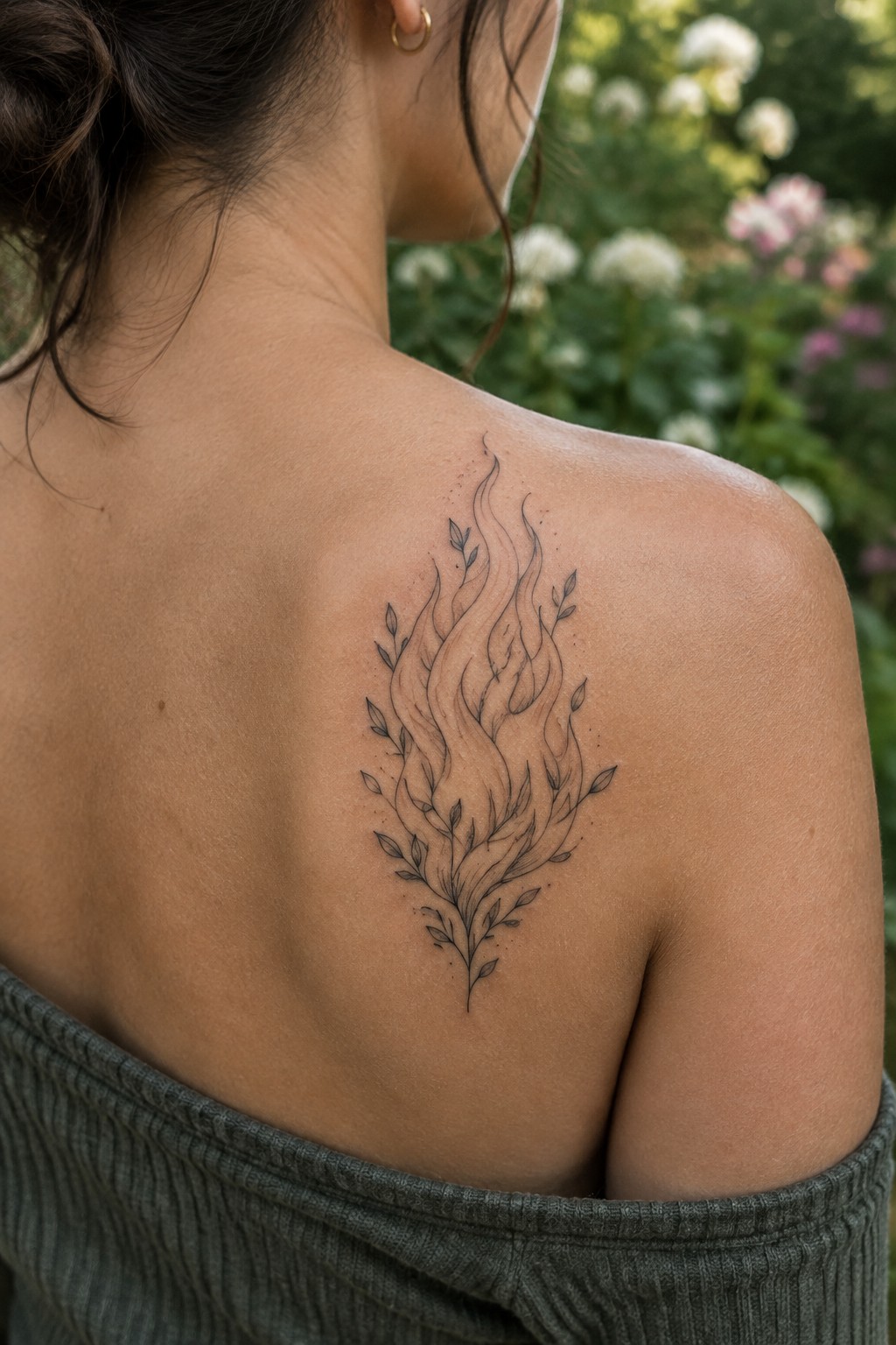 Fine line tattoo of a burning bush with flames and leaves on a woman's upper back shoulder blade
