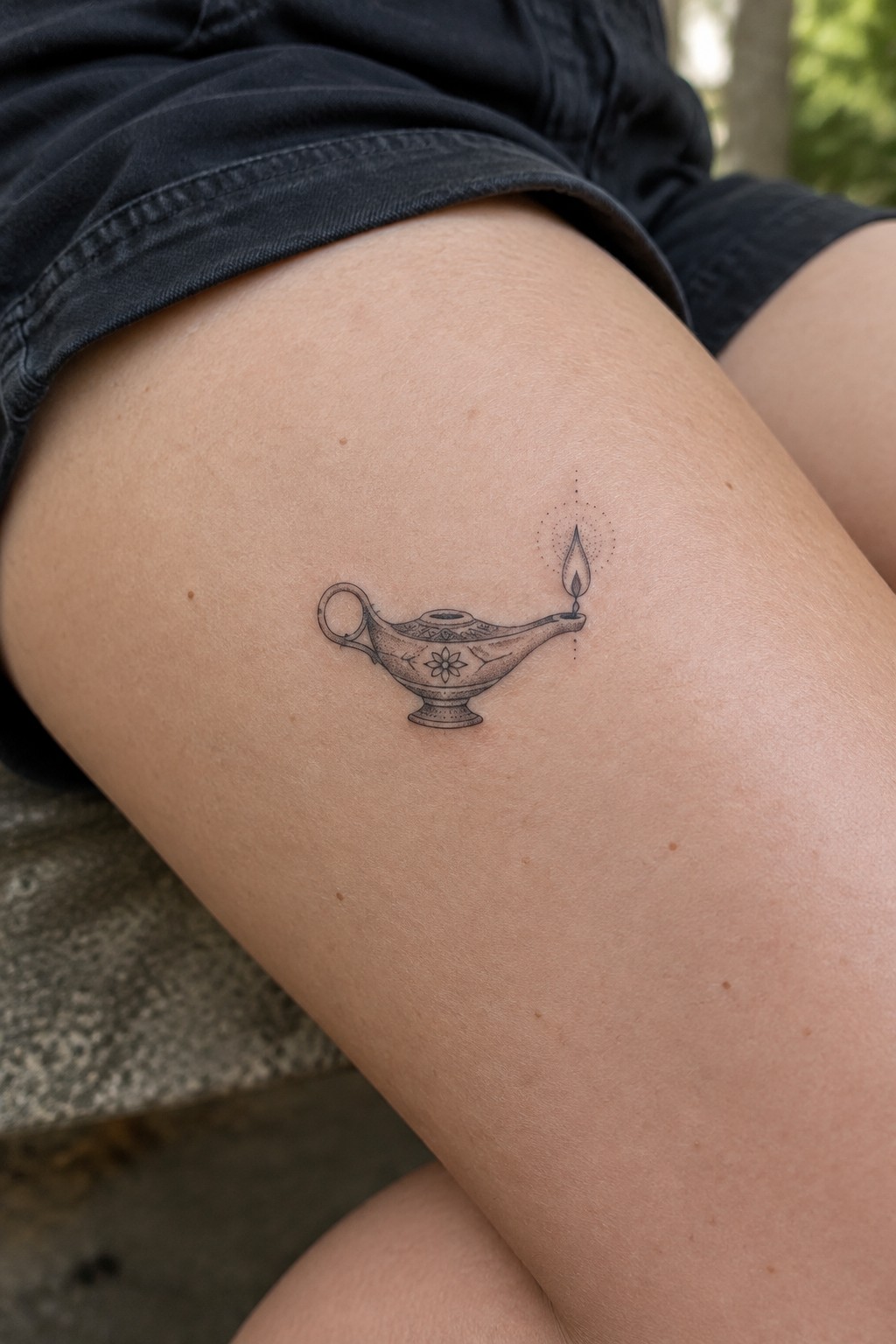 Ornate oil lamp tattoo with flame on thigh below black denim shorts.