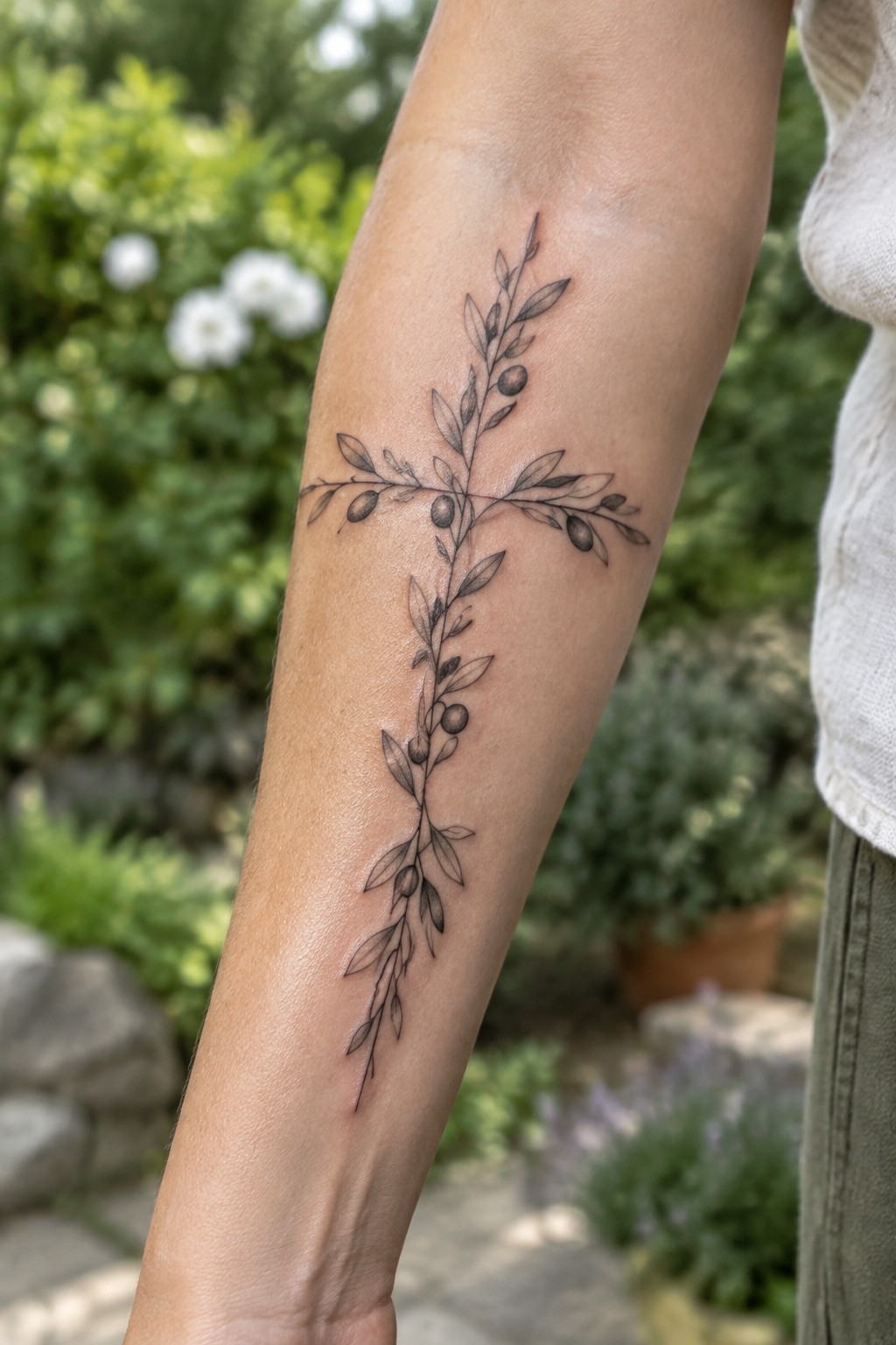 Olive branch cross tattoo on light-skinned forearm against blurred garden backdrop.