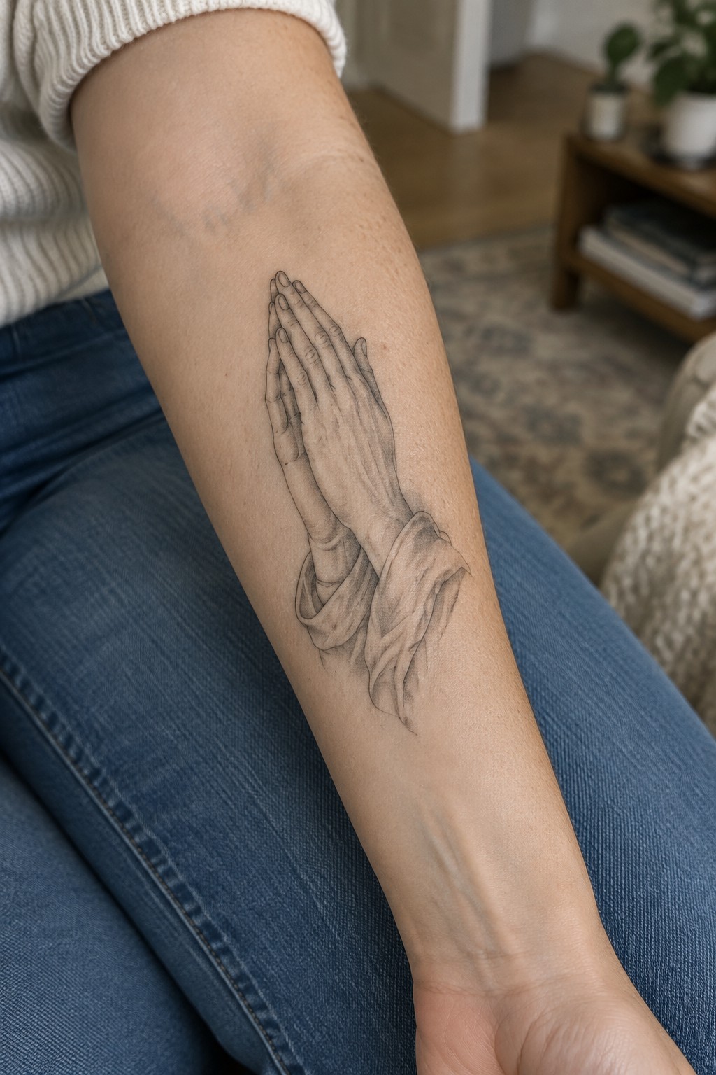 Fine line tattoo of praying hands on the inner forearm with light shading on the sleeves