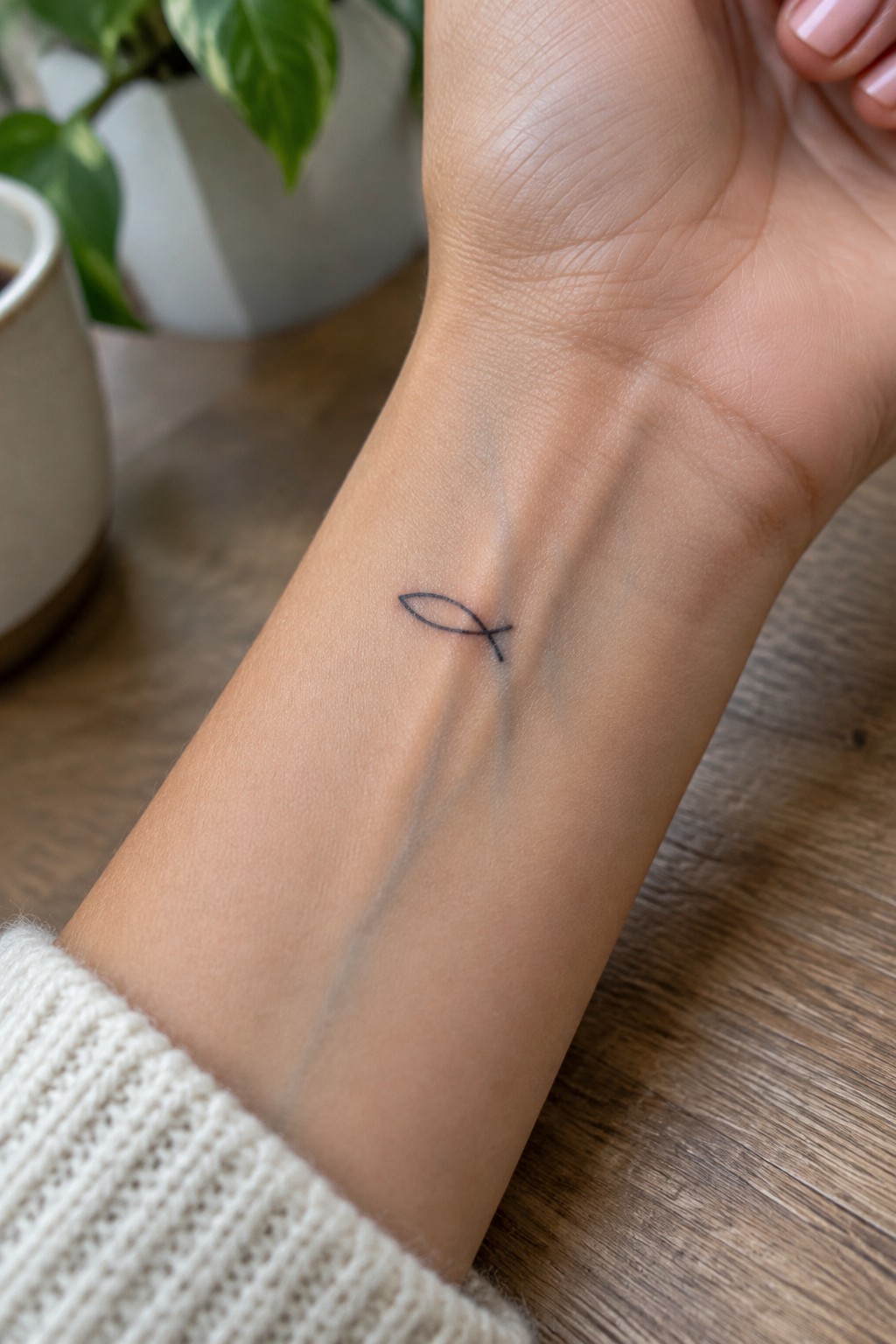 Small black fish tattoo on wrist above white knit sweater on wooden table