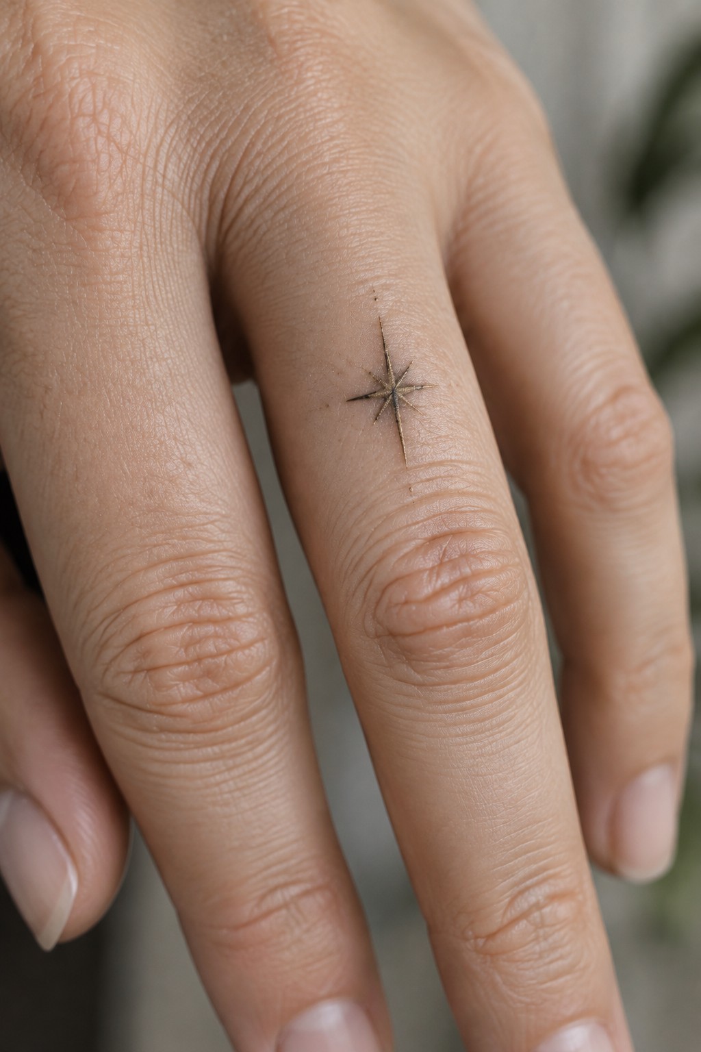 Close-up of light skin hand with small starburst tattoo on middle finger.