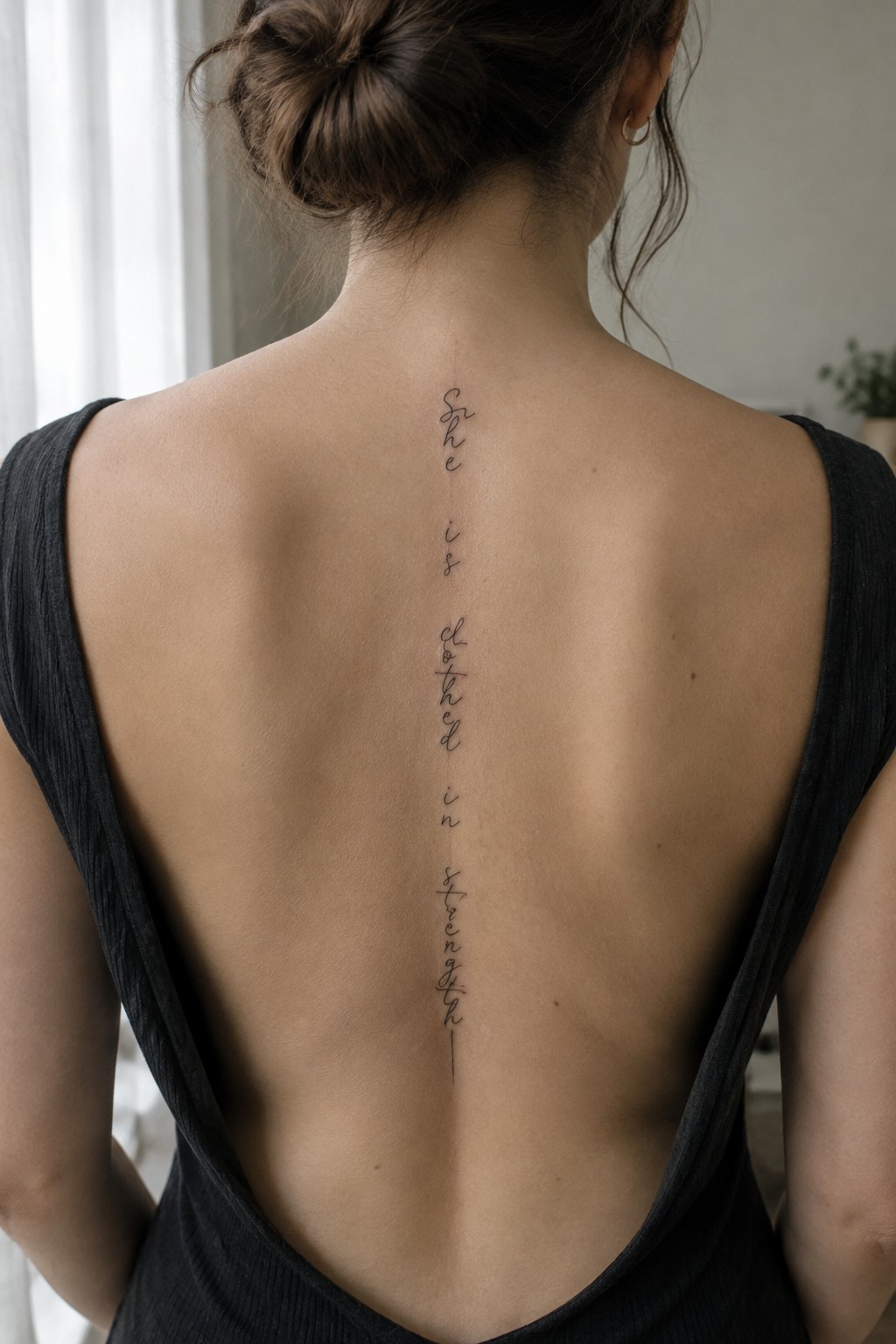 Woman's back in black low-back top with vertical spine tattoo