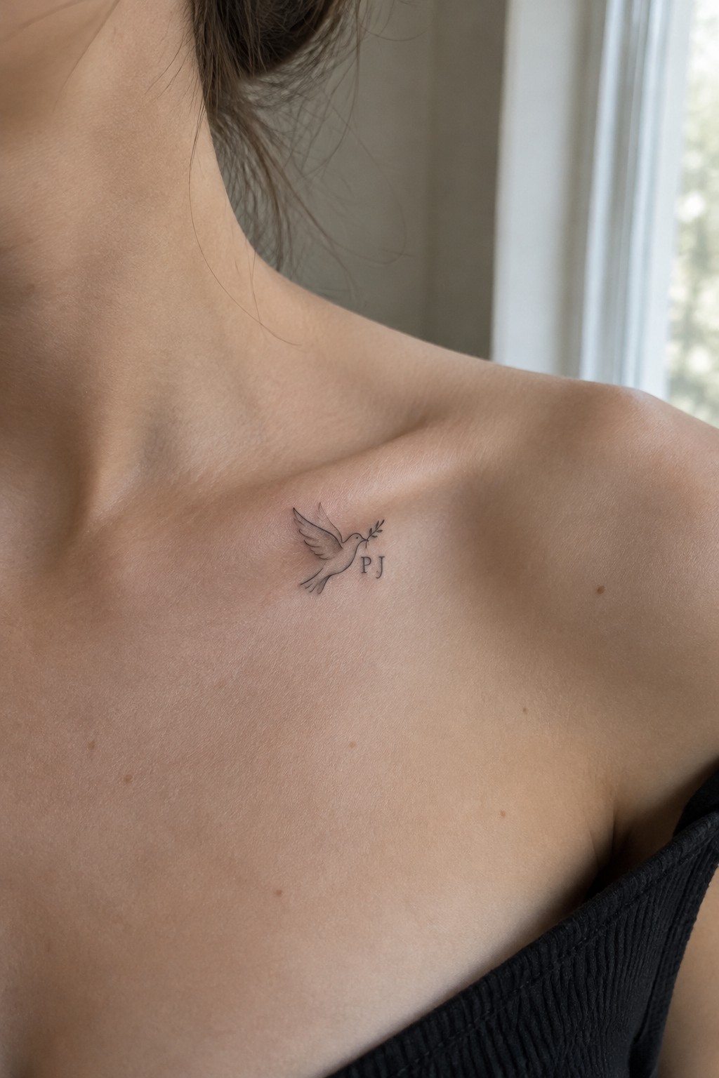 Small dove tattoo with olive branch and PJ on light-skinned collarbone