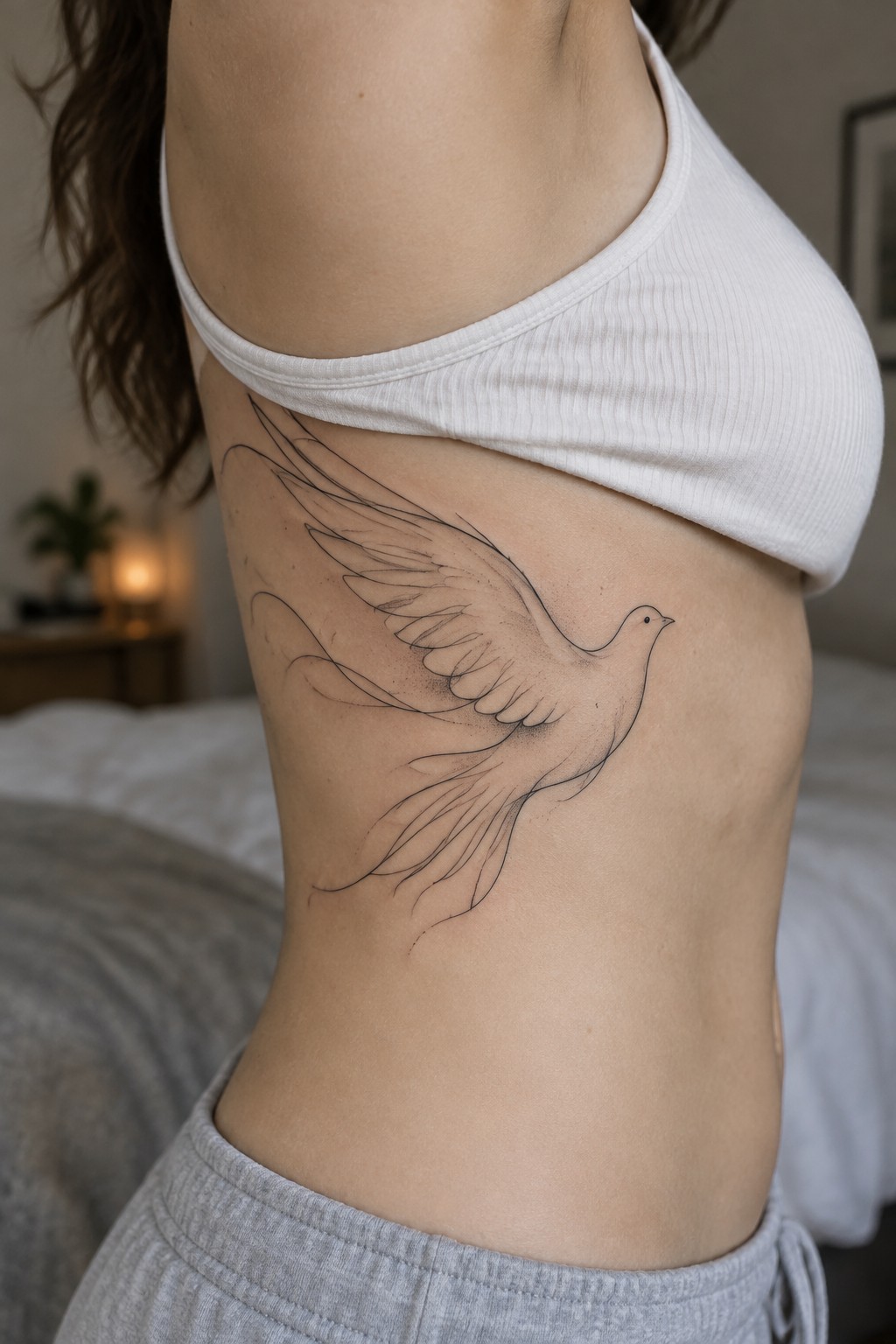 Side torso with flowing dove tattoo under white ribbed crop top in bedroom.