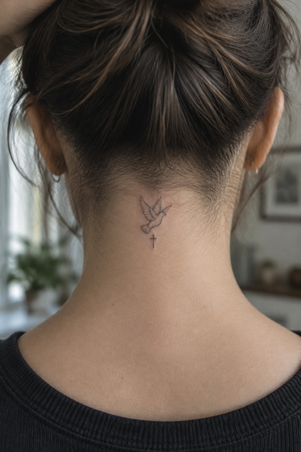 Fine line minimalist tattoo of a dove flying above a small cross on the back of a woman's neck