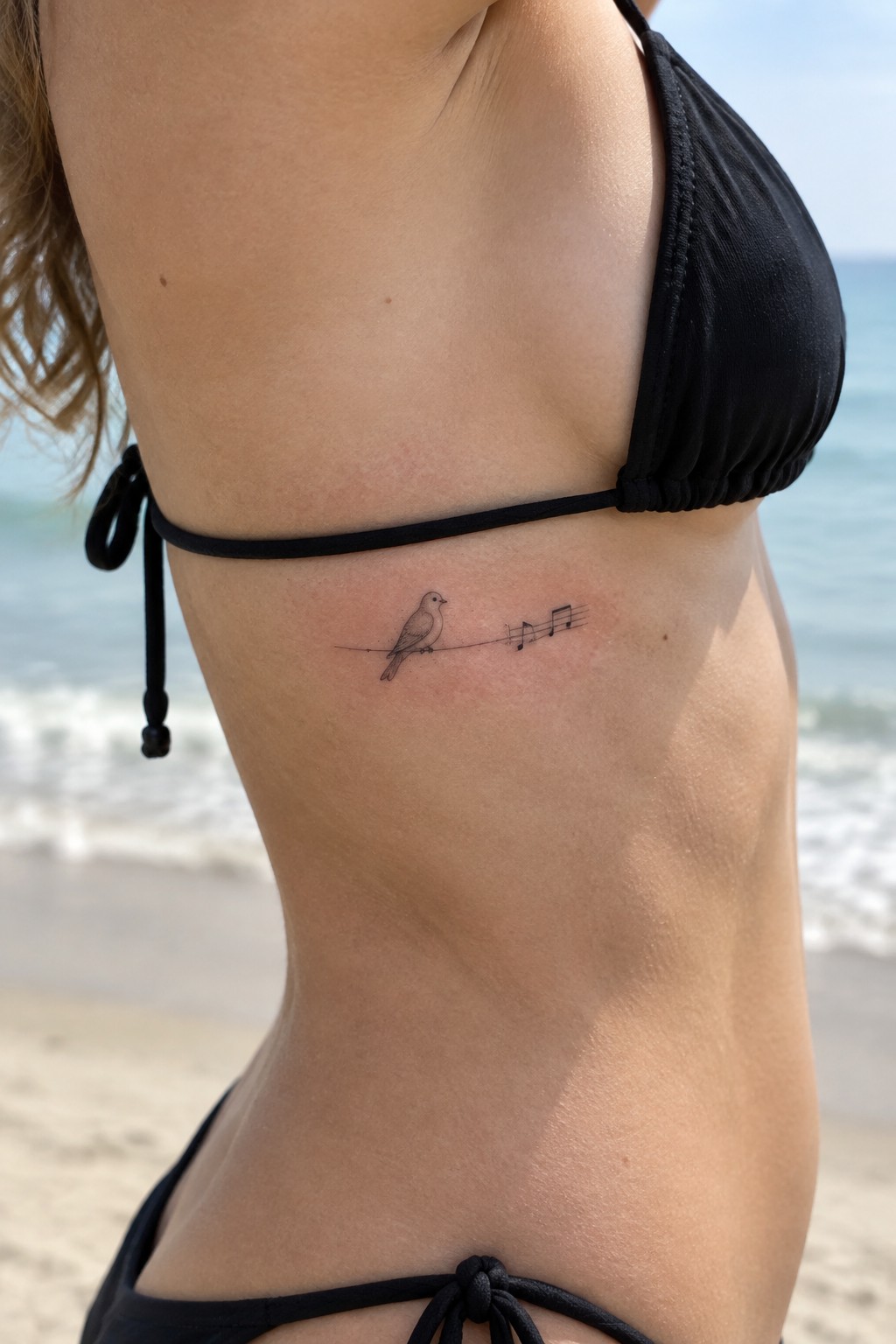 Woman in black bikini with bird and music notes tattoo on ribcage at beach