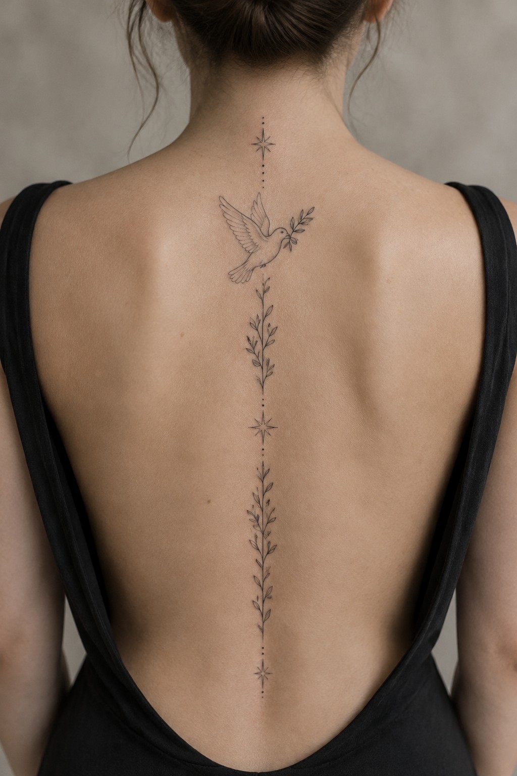 Woman's back with black dove, stars, and vine spine tattoo under open black top