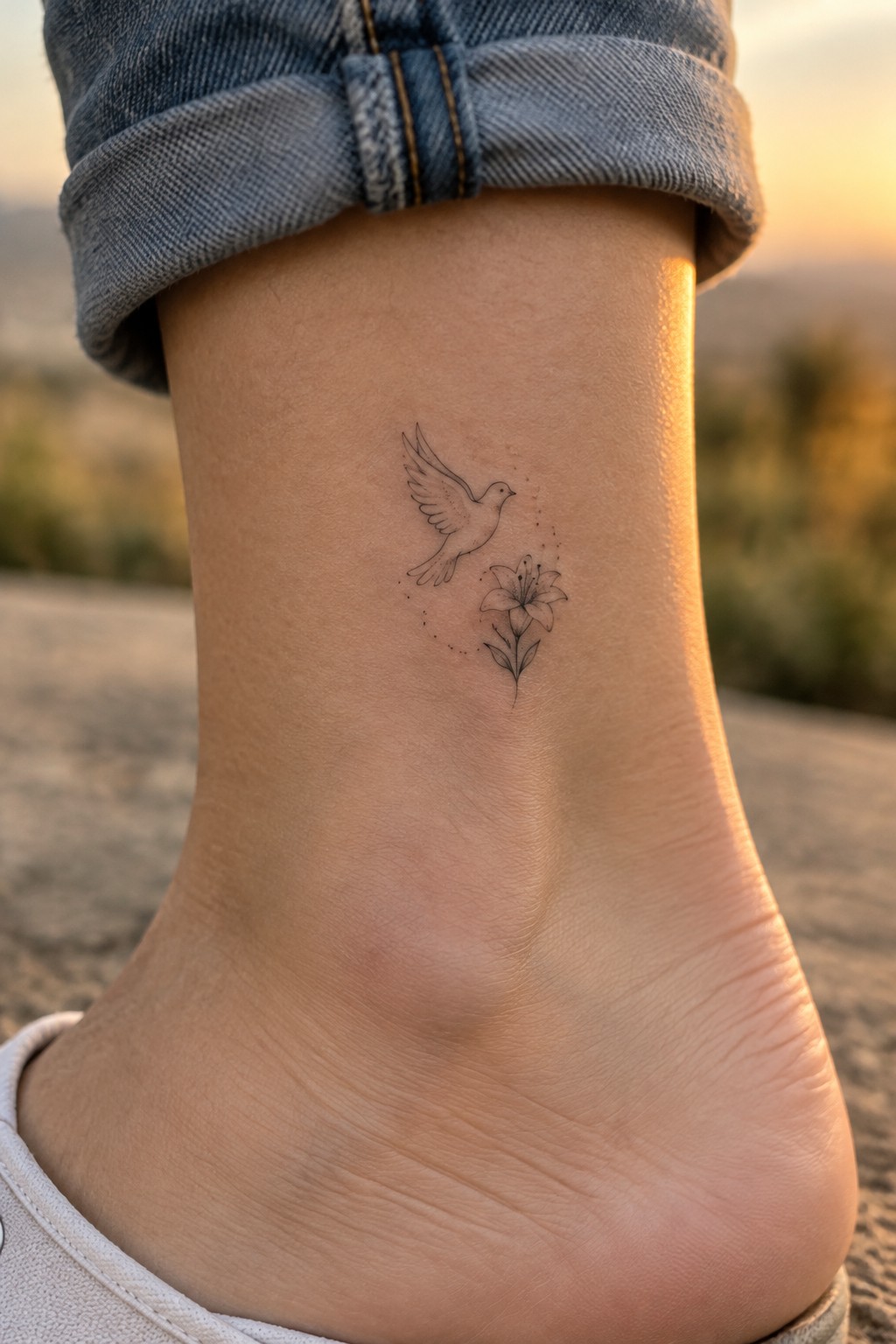 Ankle tattoo of flying bird beside lily under rolled blue jeans at sunset