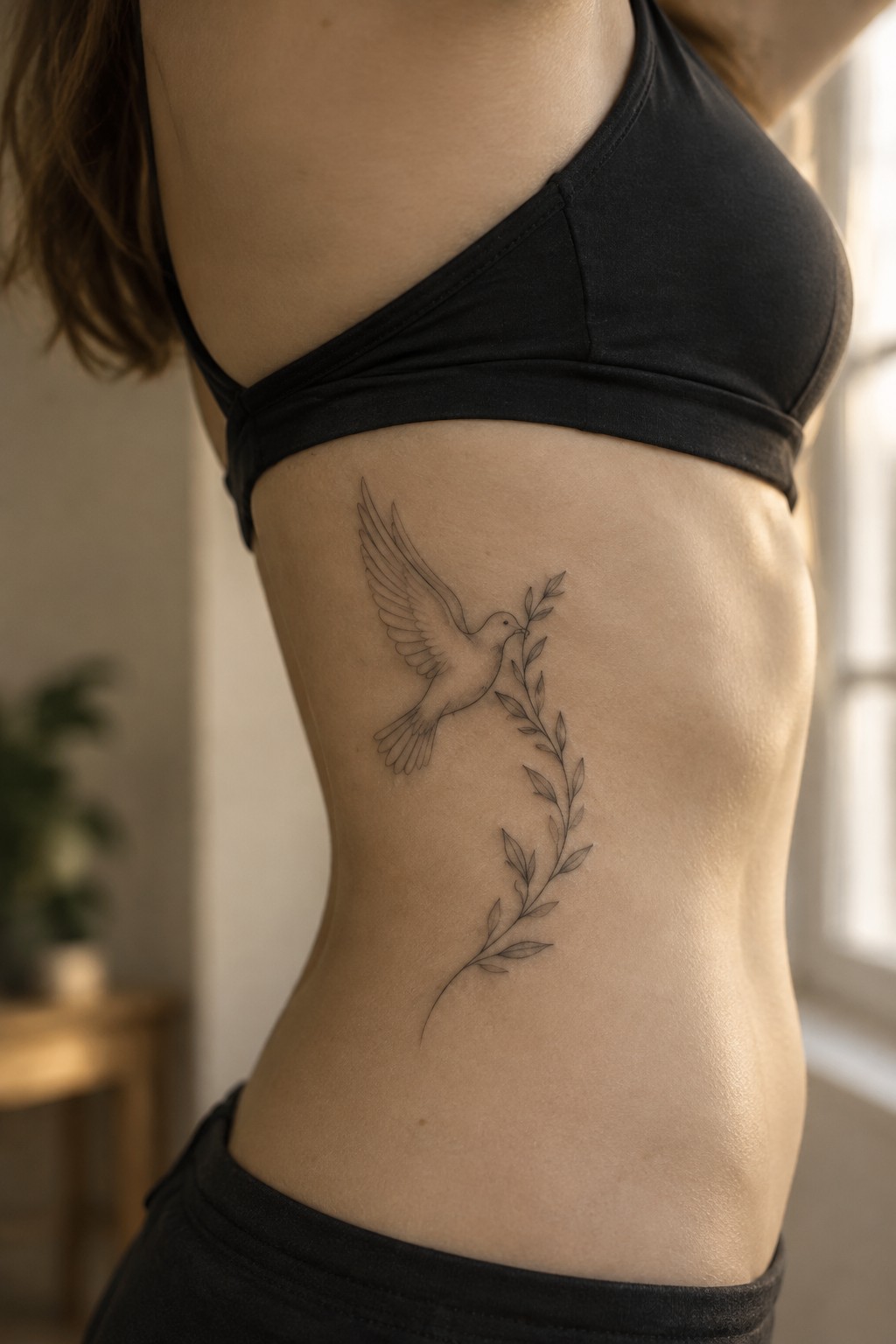 Woman's side with black dove and olive branch tattoo above black sports bra