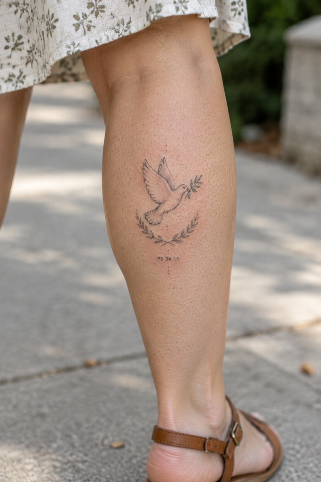 Fine line dove tattoo with olive branch, laurel wreath, and scripture text on the lower leg.