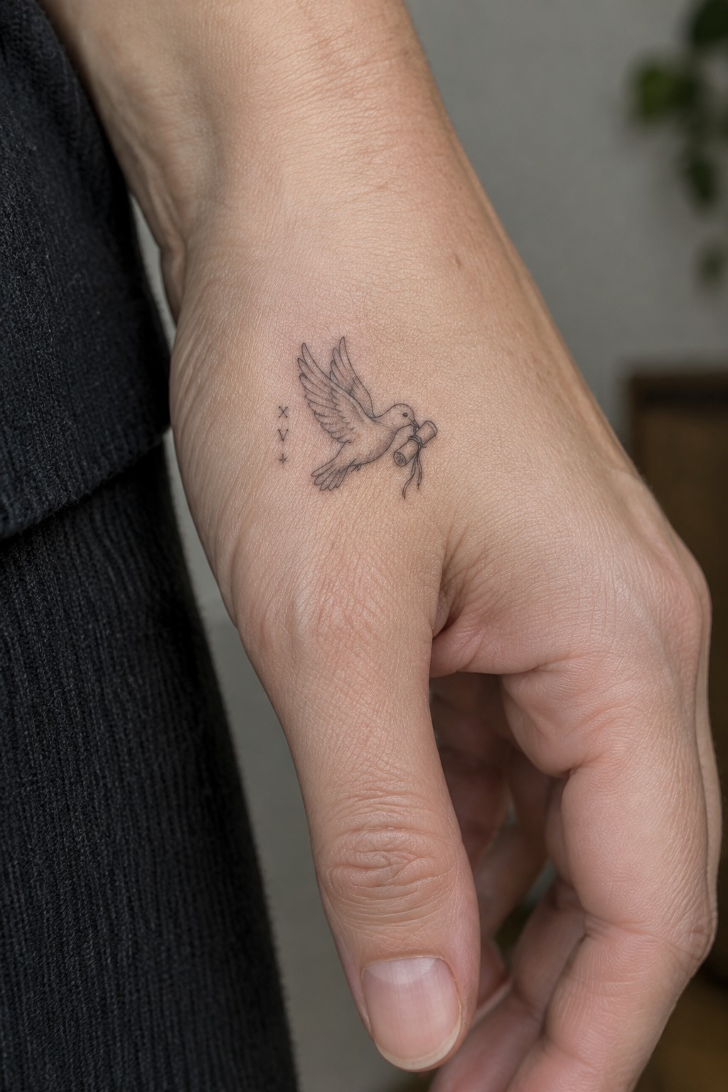 Black knitted sleeve on arm with dove tattoo holding scroll and XV star on wrist.