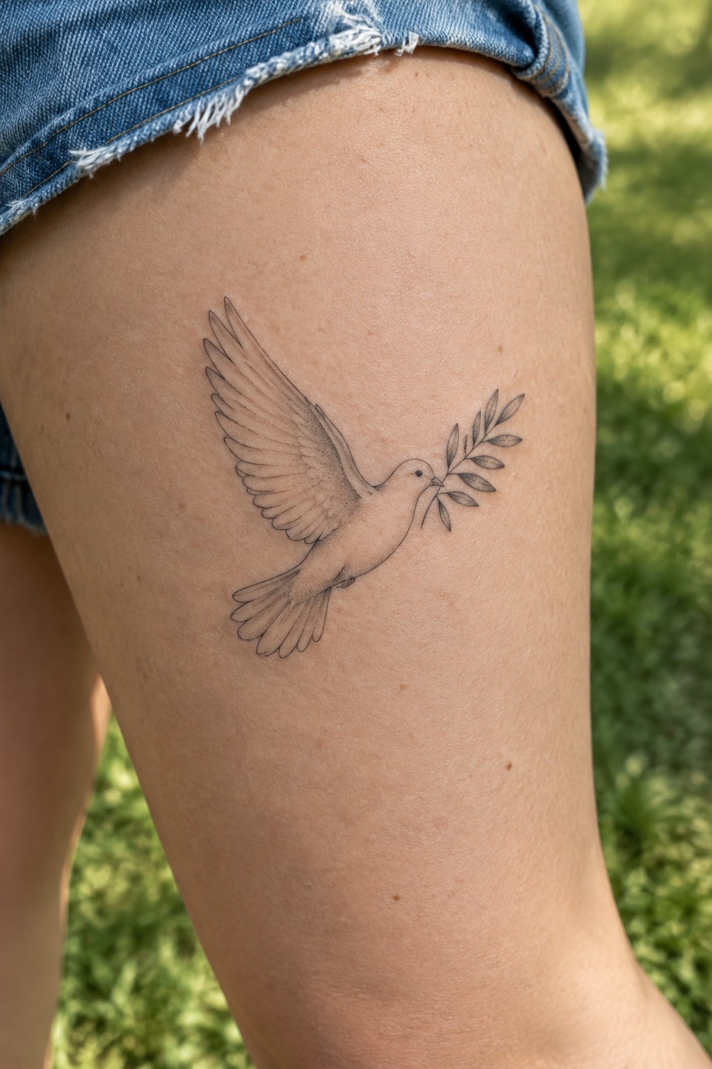 Black ink dove with olive branch tattoo on thigh beside frayed denim shorts