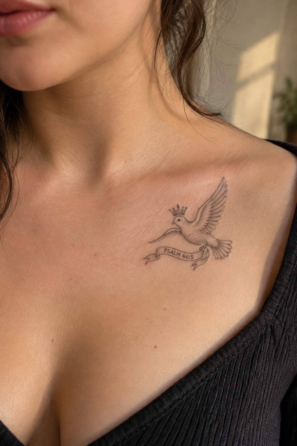 Fine-line crowned dove tattoo with Psalm 46:5 banner on fair skin above black top