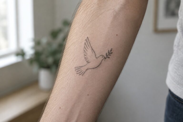 Minimalist fine line tattoo of a flying dove holding an olive branch on the inner forearm