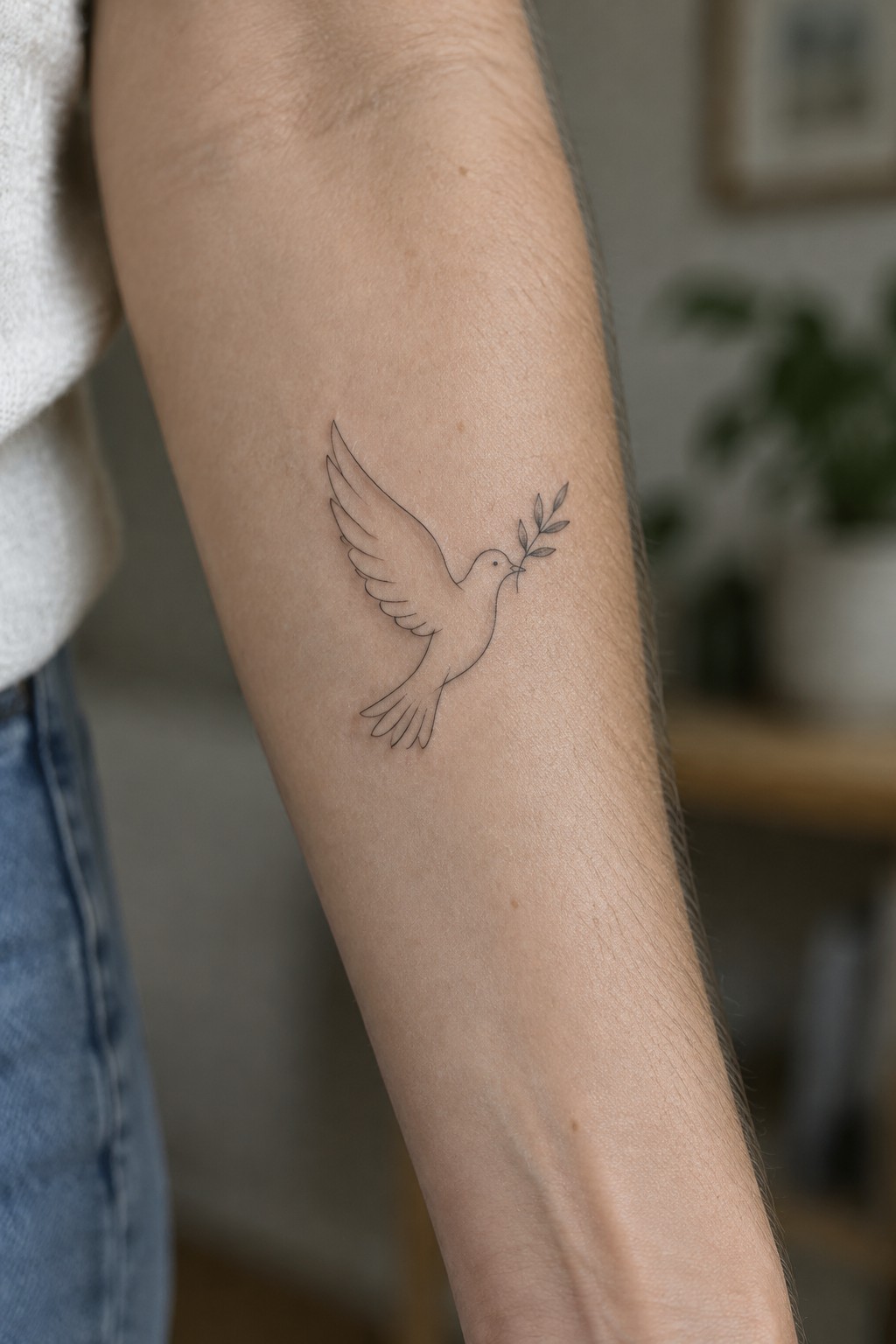 Minimalist fine line tattoo of a flying dove holding an olive branch on the inner forearm