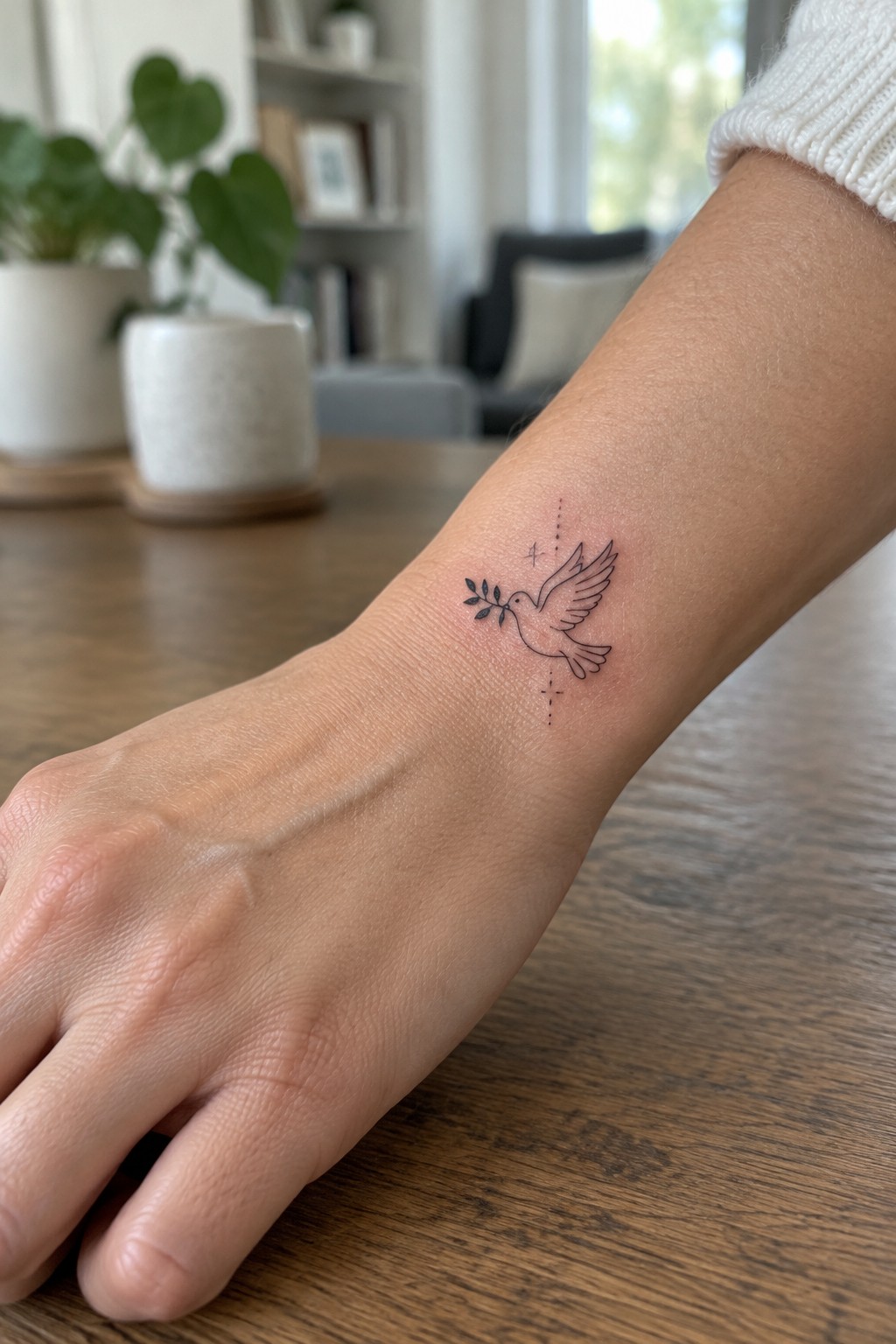 Dove with olive branch tattoo on wrist resting on wooden table near plants