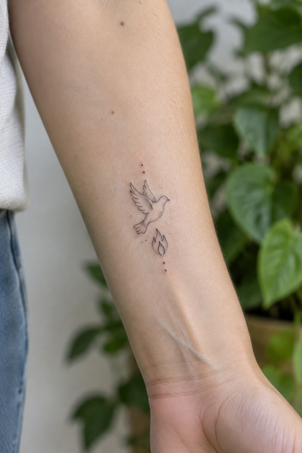 Forearm with black-ink dove above flame tattoo, white shirt and blue jeans
