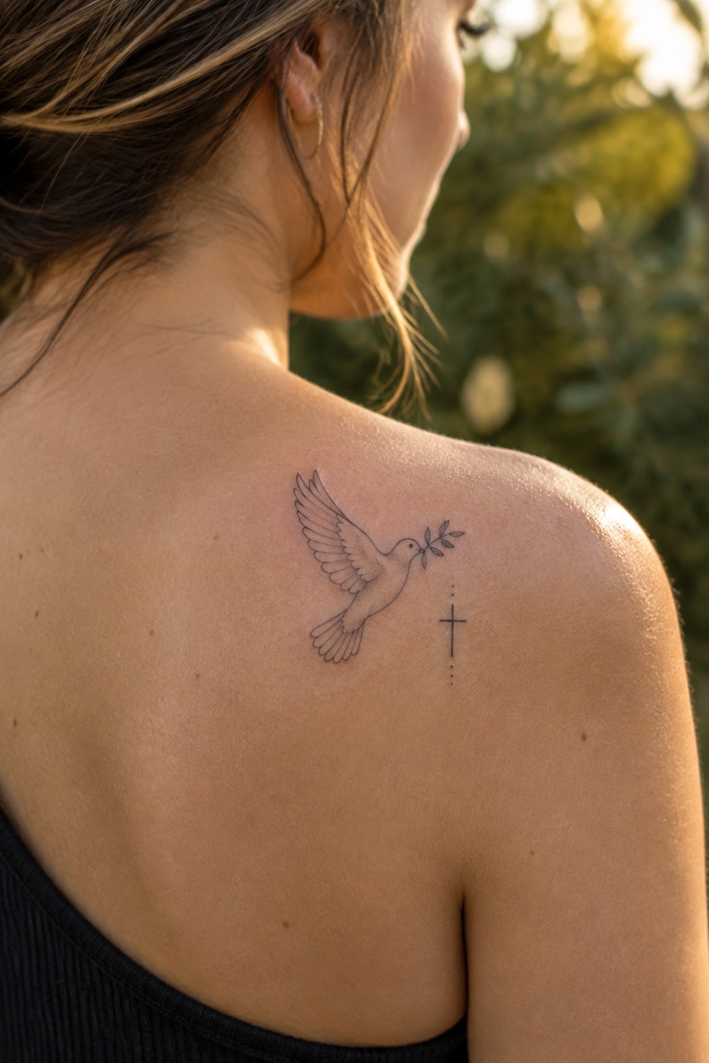 Woman's sunlit shoulder with dove, olive branch, and cross tattoo in black top
