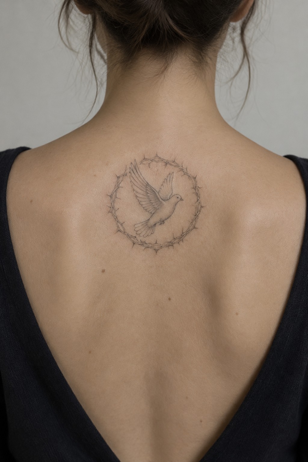 Dove tattoo inside thorny circle on upper back below brown hair bun