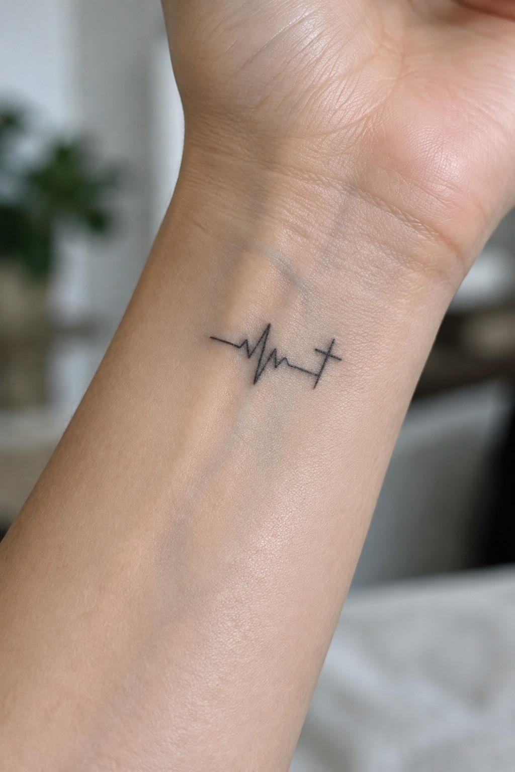 Small black heartbeat line tattoo ending in a cross on the inner wrist.