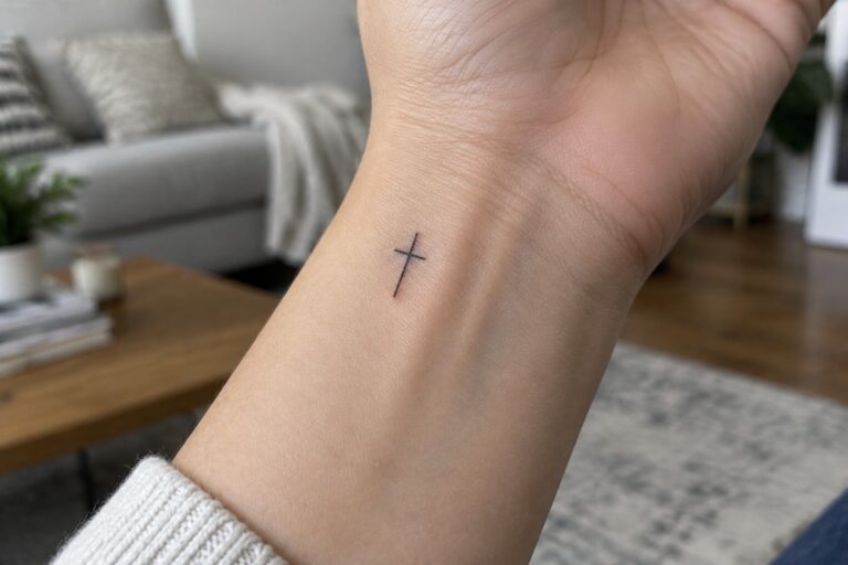 21 Graceful Faith-Inspired Small Tattoos for Women That Reflect Quiet Strength Small fine-line black cross tattoo on the inner wrist.