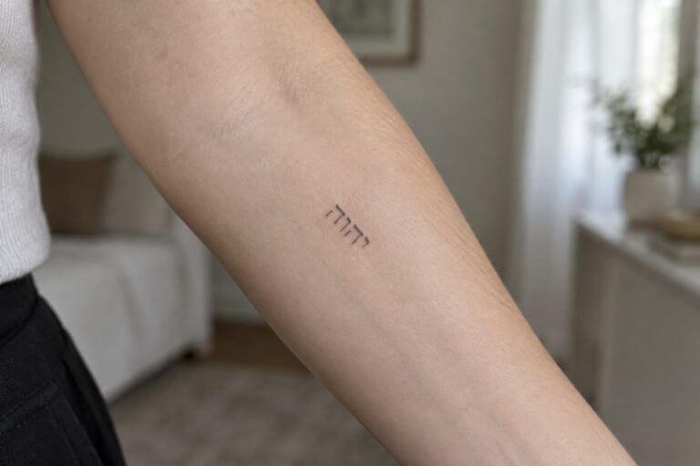 22 Hebrew Biblical Lettering Tattoos Featuring YHWH Inner forearm with small Hebrew tattoo above faint scar, white clothing visible