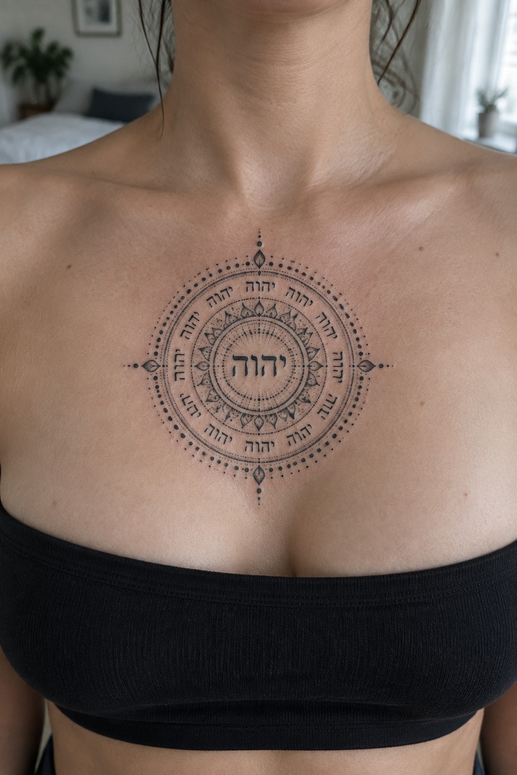 Ornate circular tattoo with Hebrew text on chest above black strapless top