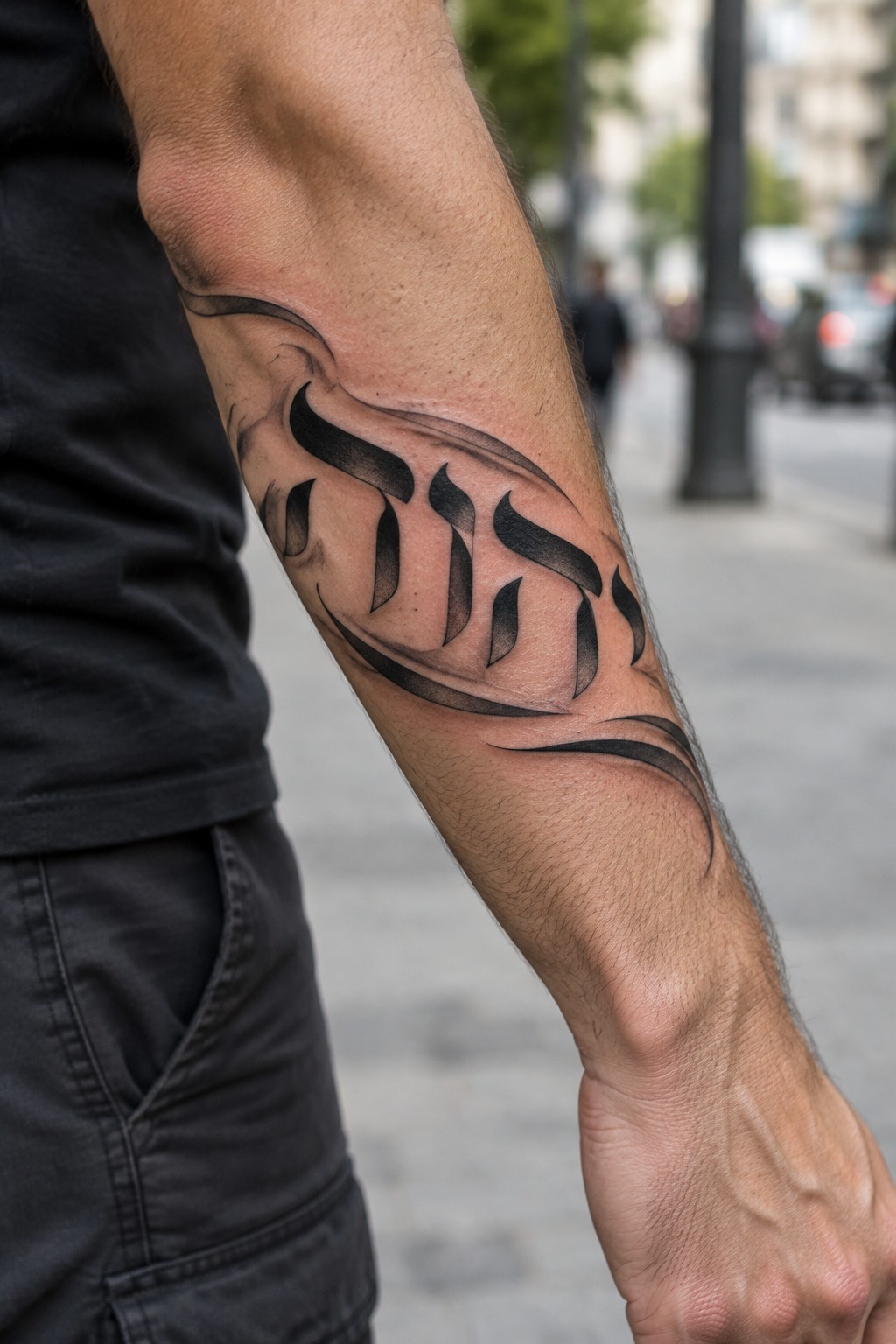 Close up of a black and grey Hebrew tattoo on the forearm showing the letters for YHWH with flowing shaded design elements around the script.