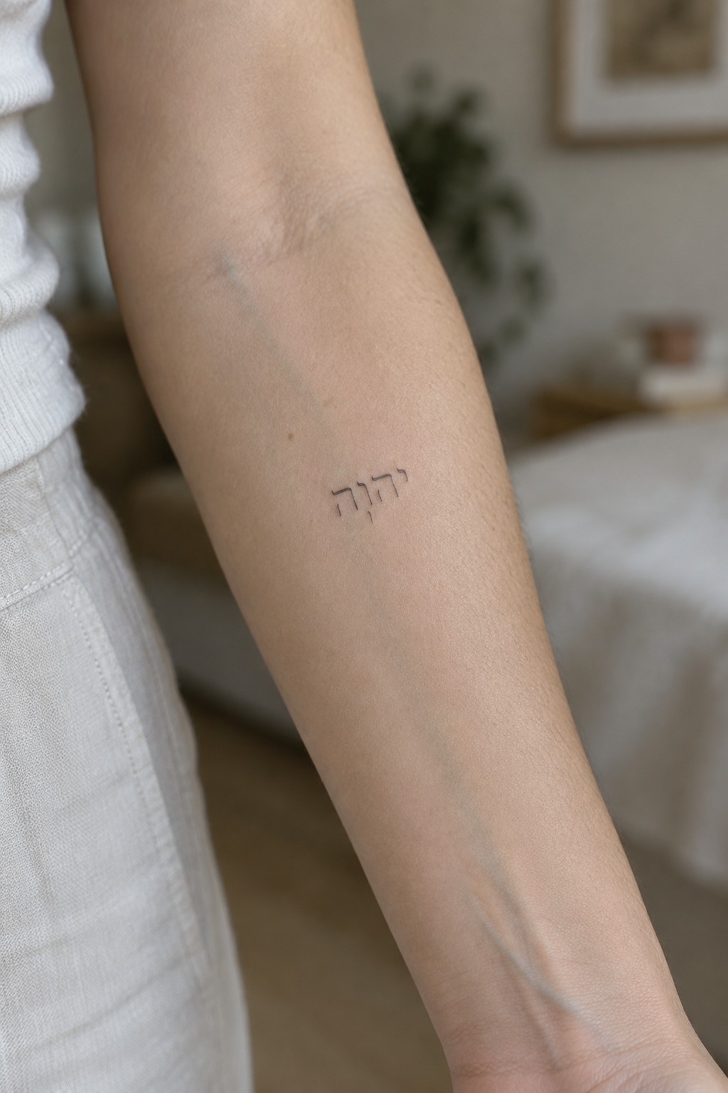 Inner forearm with small Hebrew tattoo above faint scar, white clothing visible