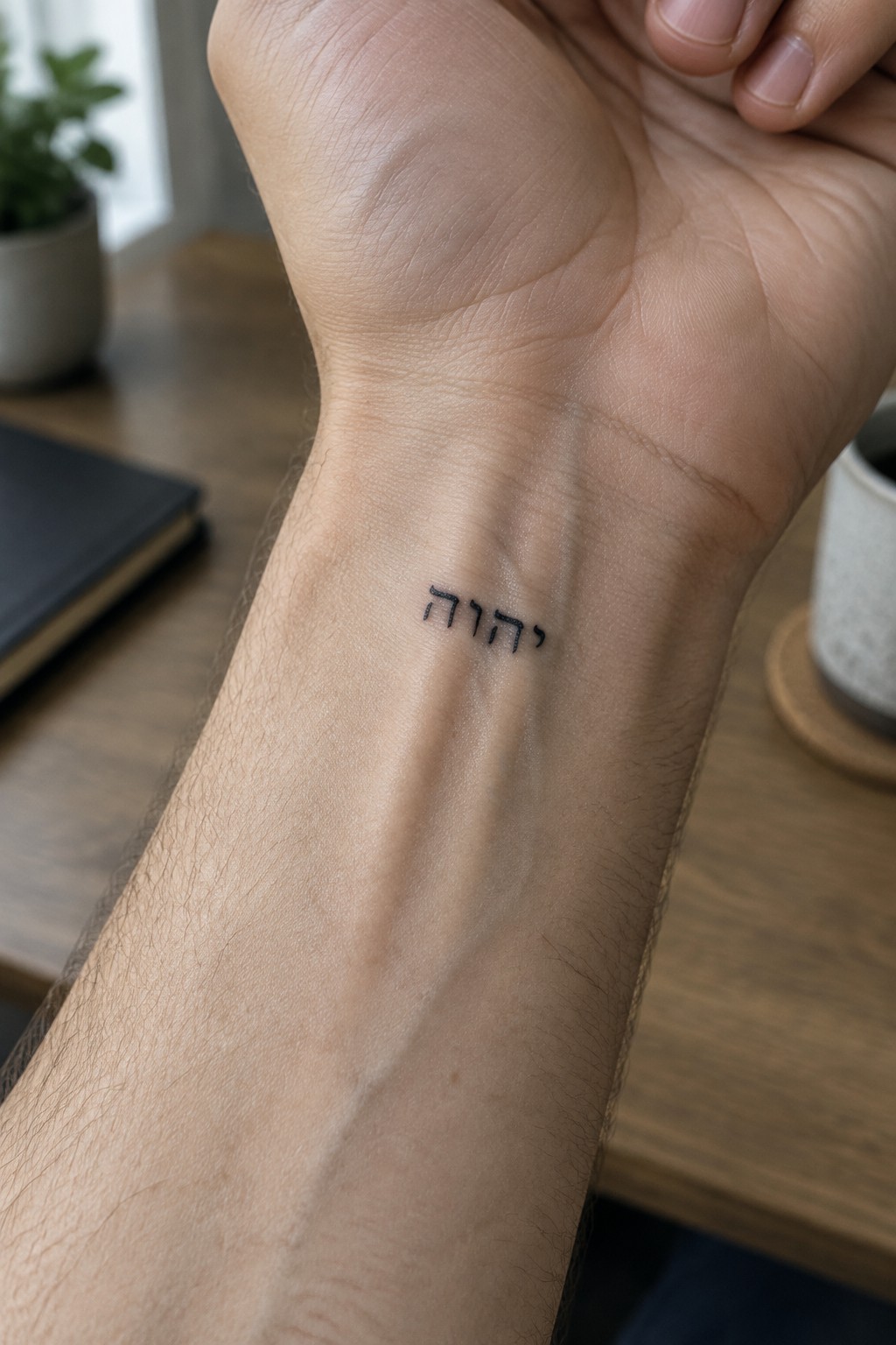 Close-up of inner wrist with small black Hebrew tattoo on light skin.
