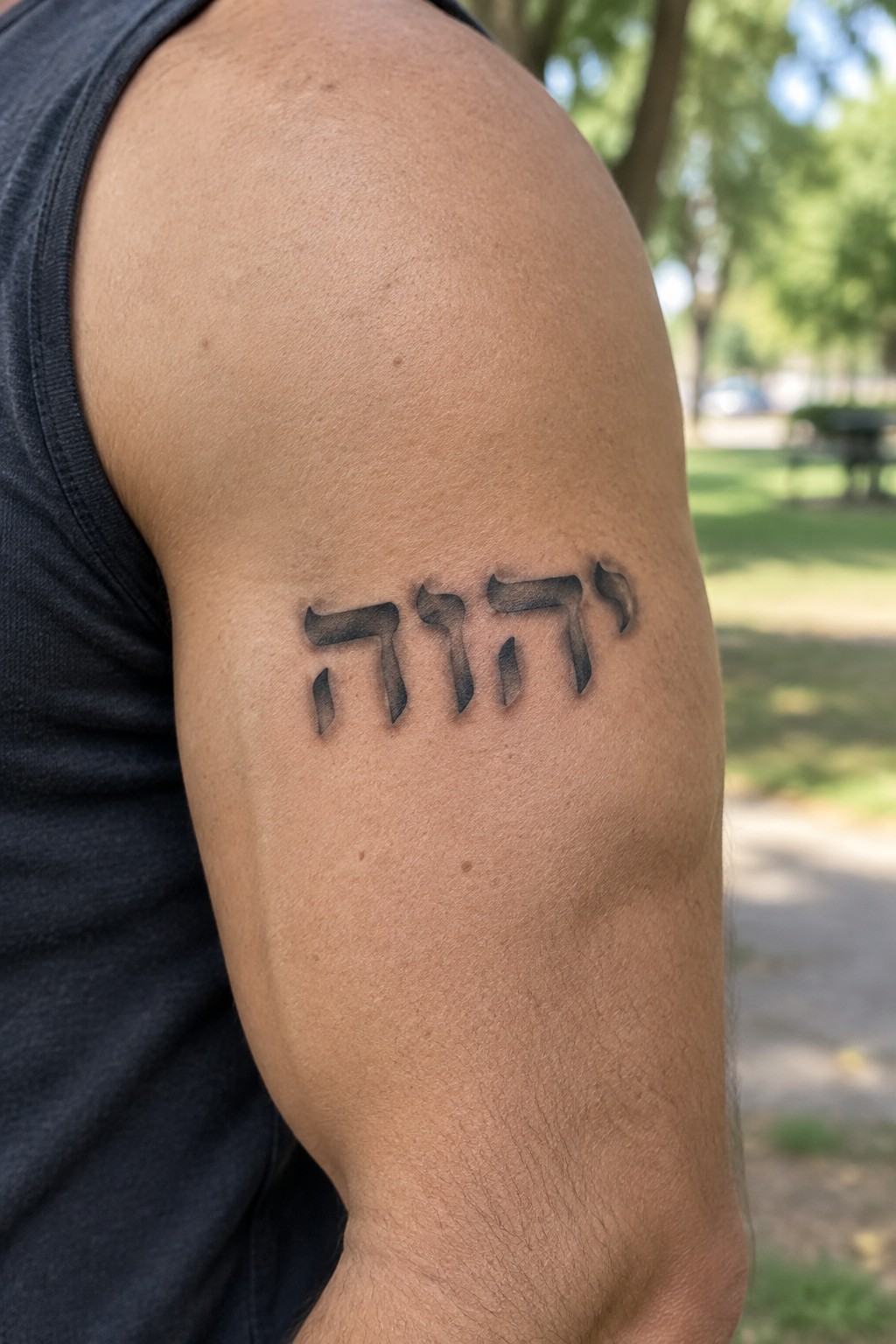 Hebrew tattoo on upper arm of person in black tank top outdoors