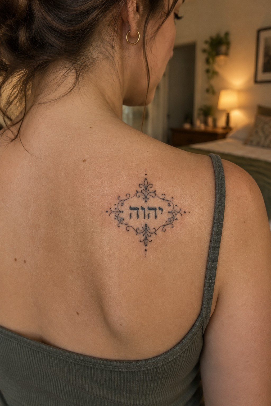 Woman's upper back with ornate Hebrew tattoo above gray tank top in bedroom