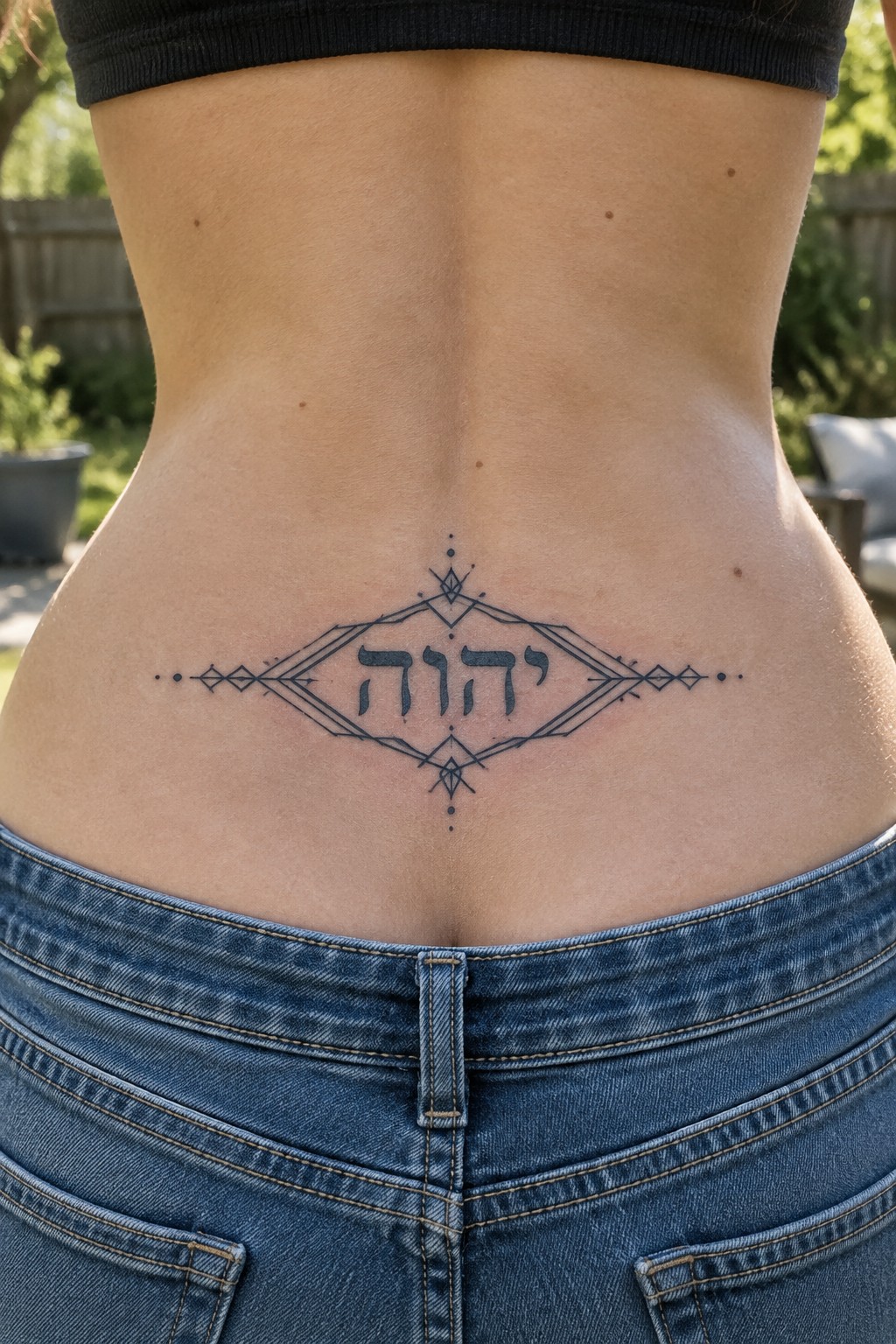 Geometric tattoo with Hebrew letters on lower back above blue jeans