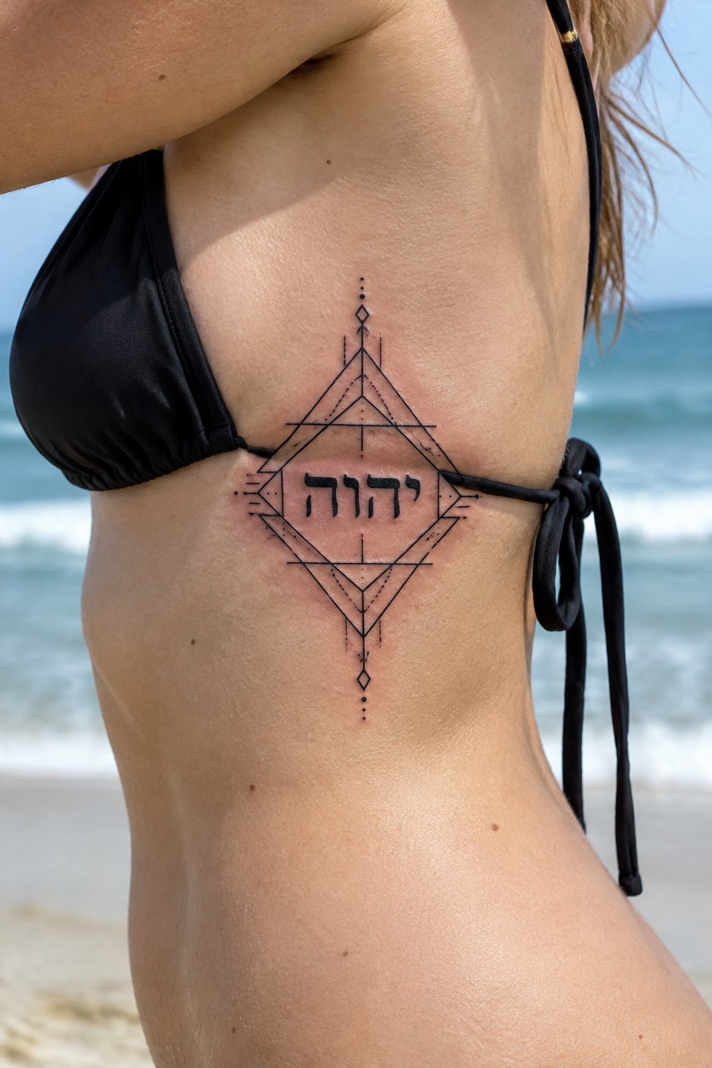 Woman's ribcage with black geometric Hebrew tattoo above black bikini at beach