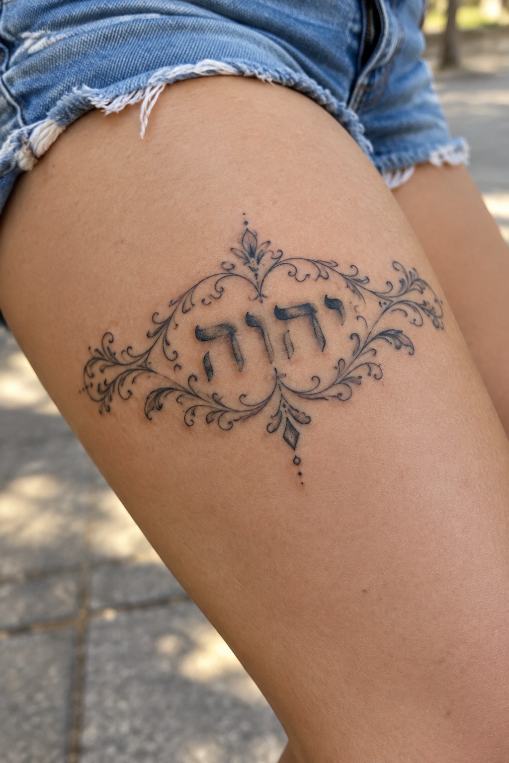Ornate black Hebrew tattoo with swirling floral designs on thigh below frayed denim shorts